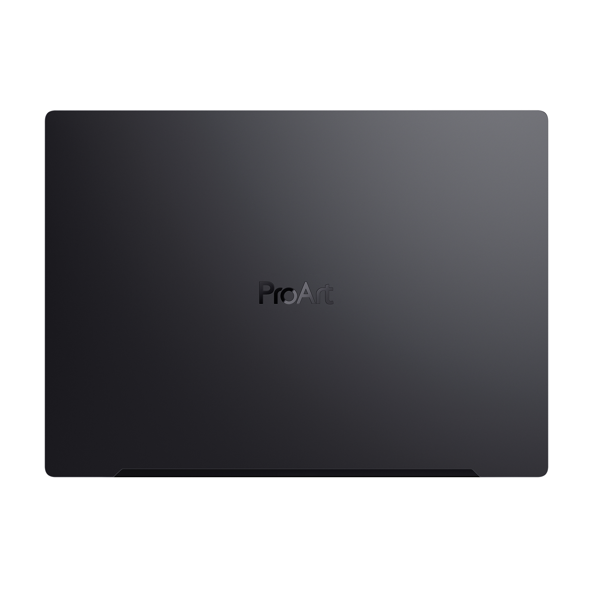 Schwarzer Laptopdeckel. Der Deckel hat das ProArt-Logo. Dunkler Hintergrund.