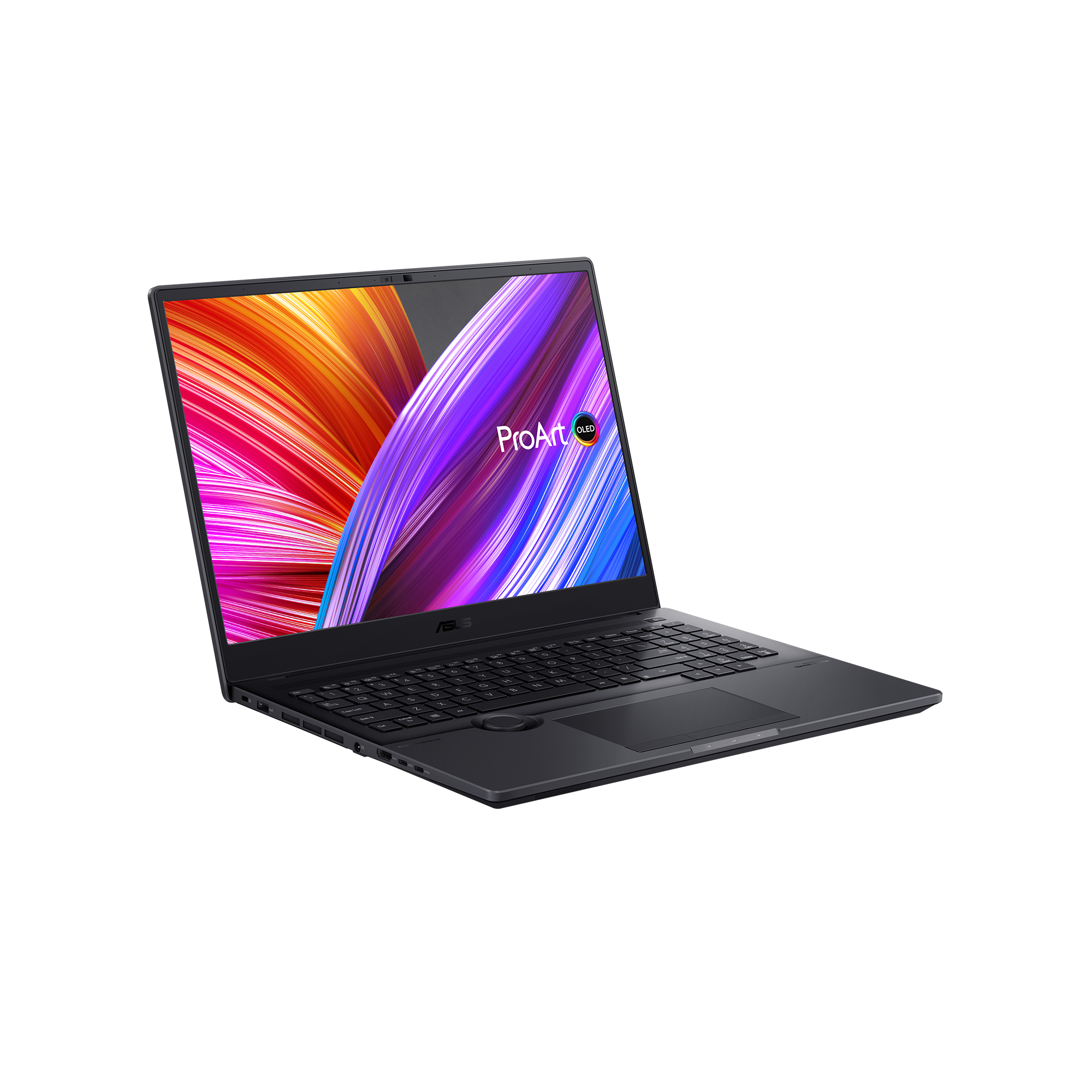 Schwarzer Laptop mit Farbbildschirm, geöffnet. Weißer Hintergrund.