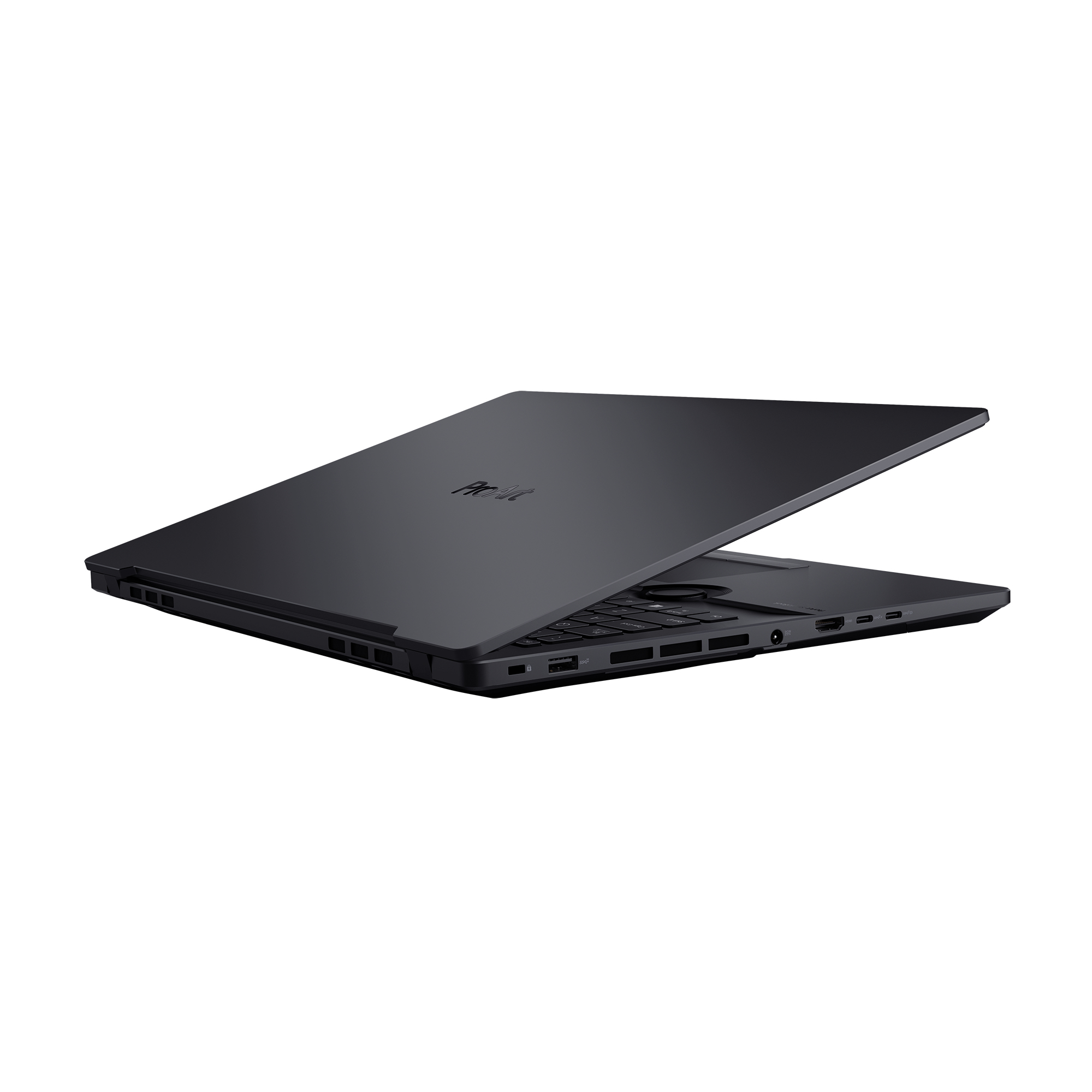 Ein schwarzer Laptop, leicht geöffnet, mit Tastatur und Anschlüssen.
