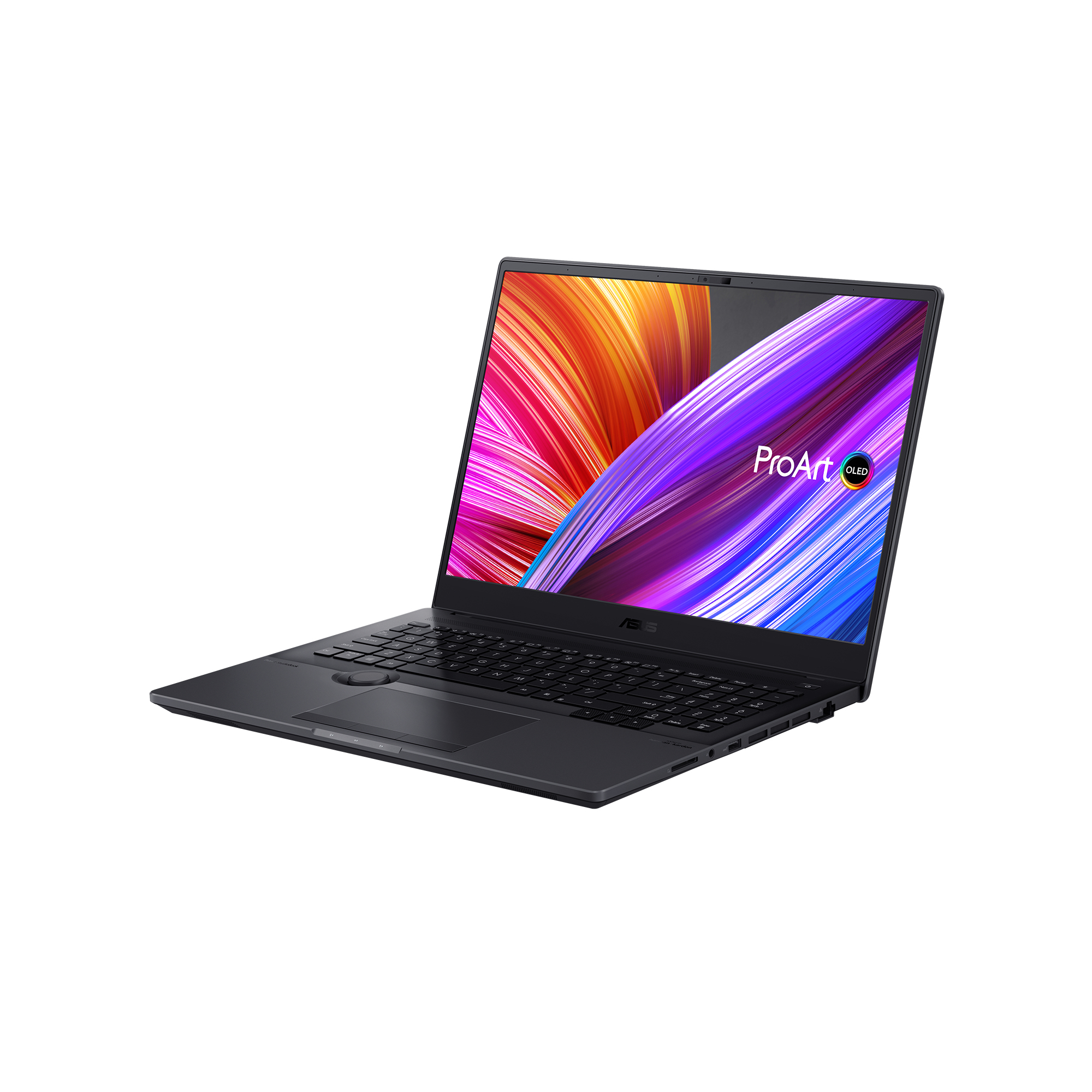 Ein schwarzes ASUS ProArt OLED-Laptop, geöffnet auf weißem Hintergrund.