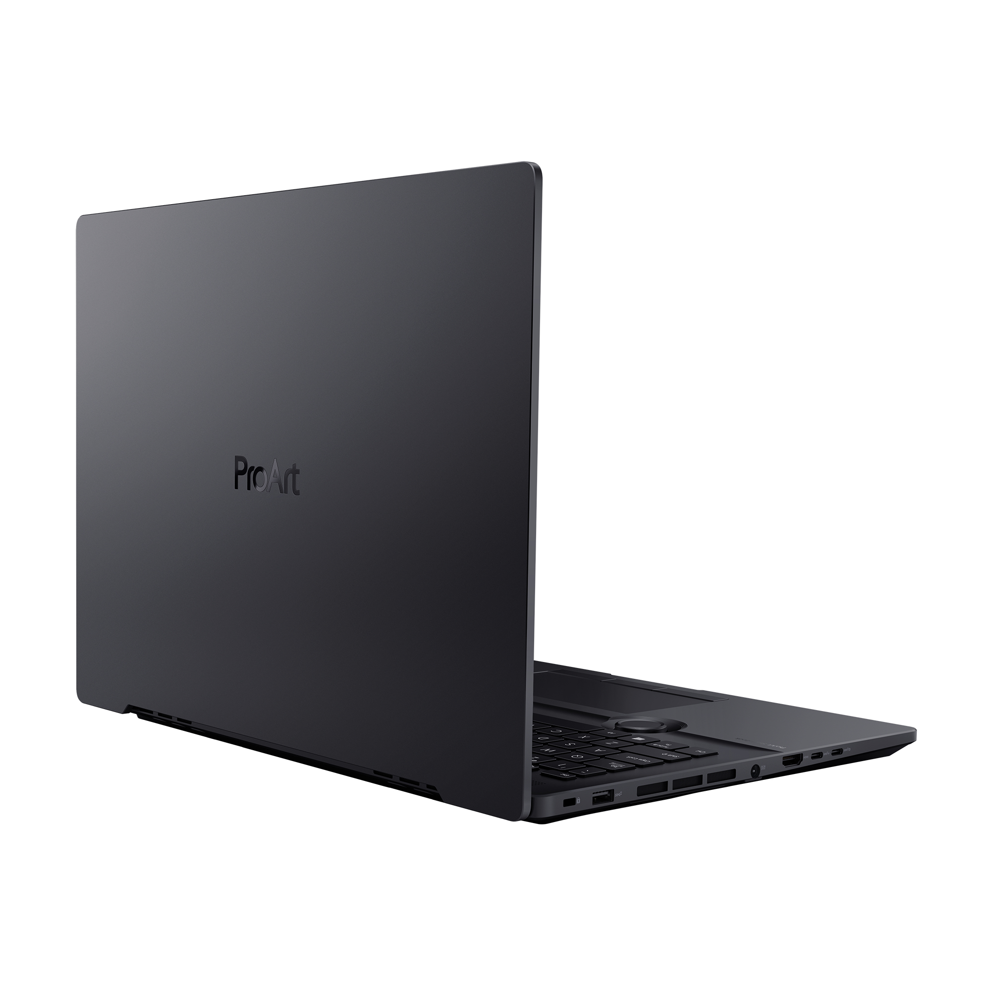 Dunkelgrauer Laptop, Rückansicht. ProArt-Logo sichtbar. Winkelaufnahme vor weißem Hintergrund.