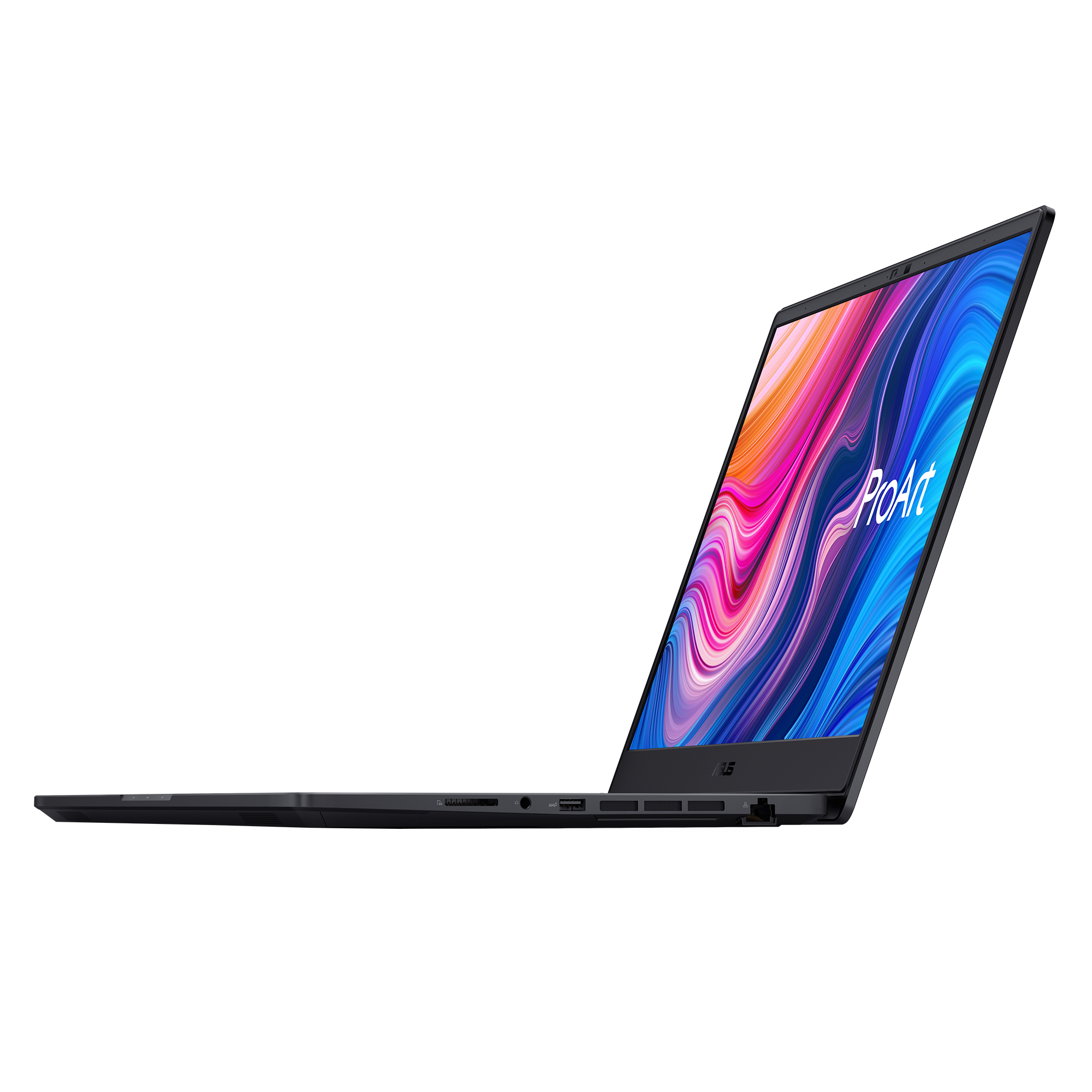 Ein schwarzer Laptop mit einem farbenfrohen Bildschirm.
