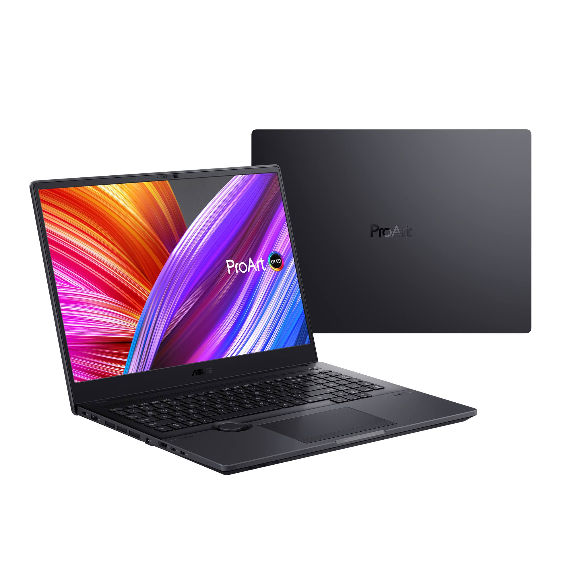 Schwarzer Laptop mit farbenfrohem Bildschirm. ProArt-Logo auf dem Deckel und Display. Der Laptop ist geöffnet.