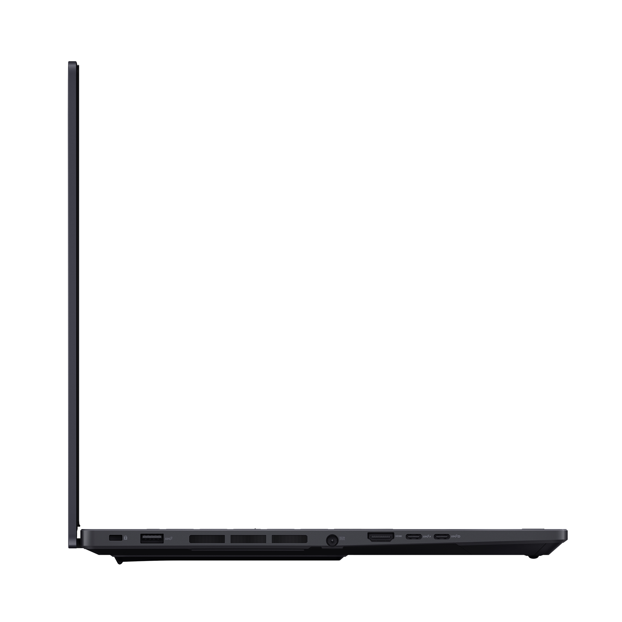 Seitenansicht eines schwarzen Laptops mit sichtbaren Anschlüssen an der Seite.