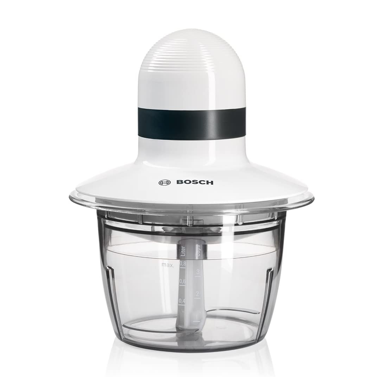 Robot da cucina bianco e nero con contenitore trasparente e logo Bosch.