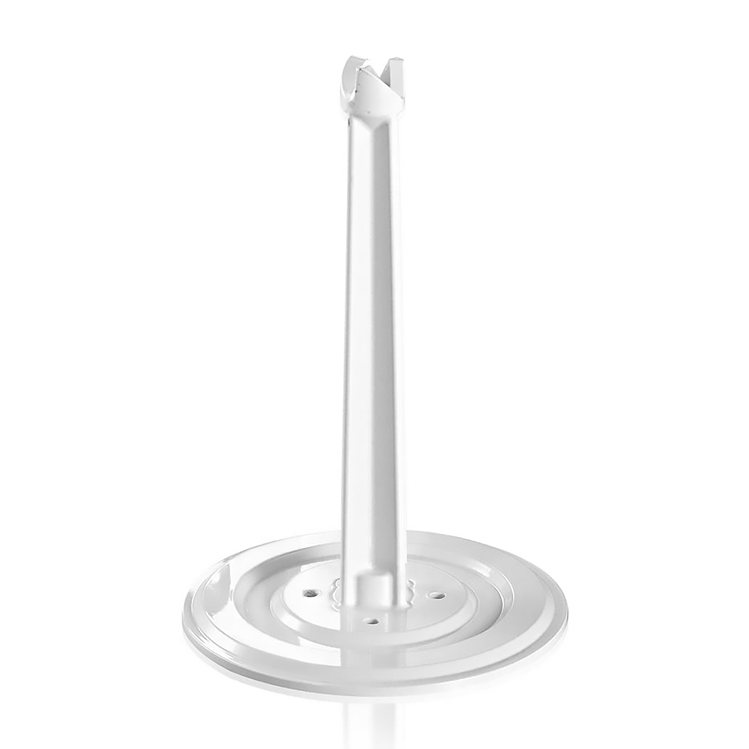Un supporto in plastica bianca con una base circolare ampia e un alto stelo verticale. Su una superficie bianca.