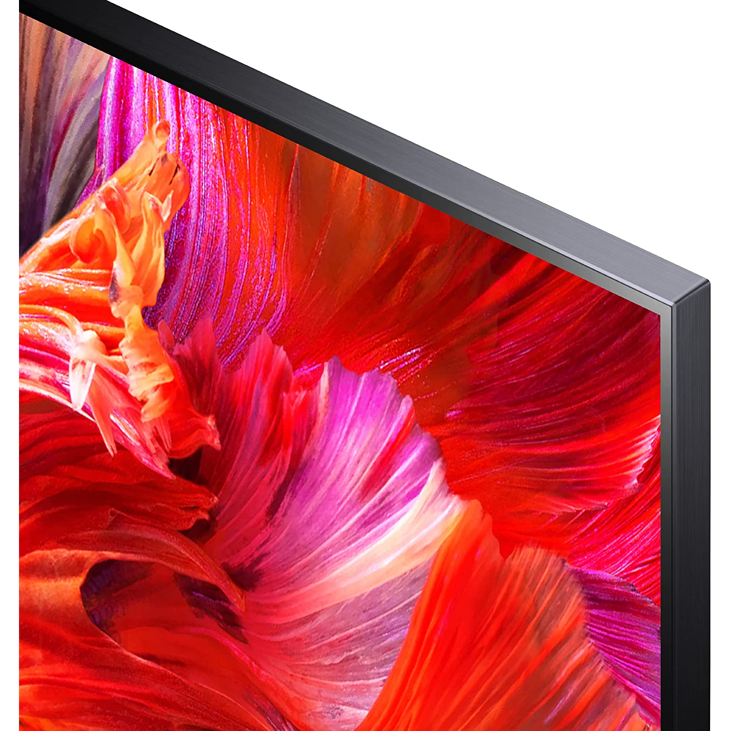 Primer plano de un televisor con marco negro que muestra una imagen abstracta y colorida.