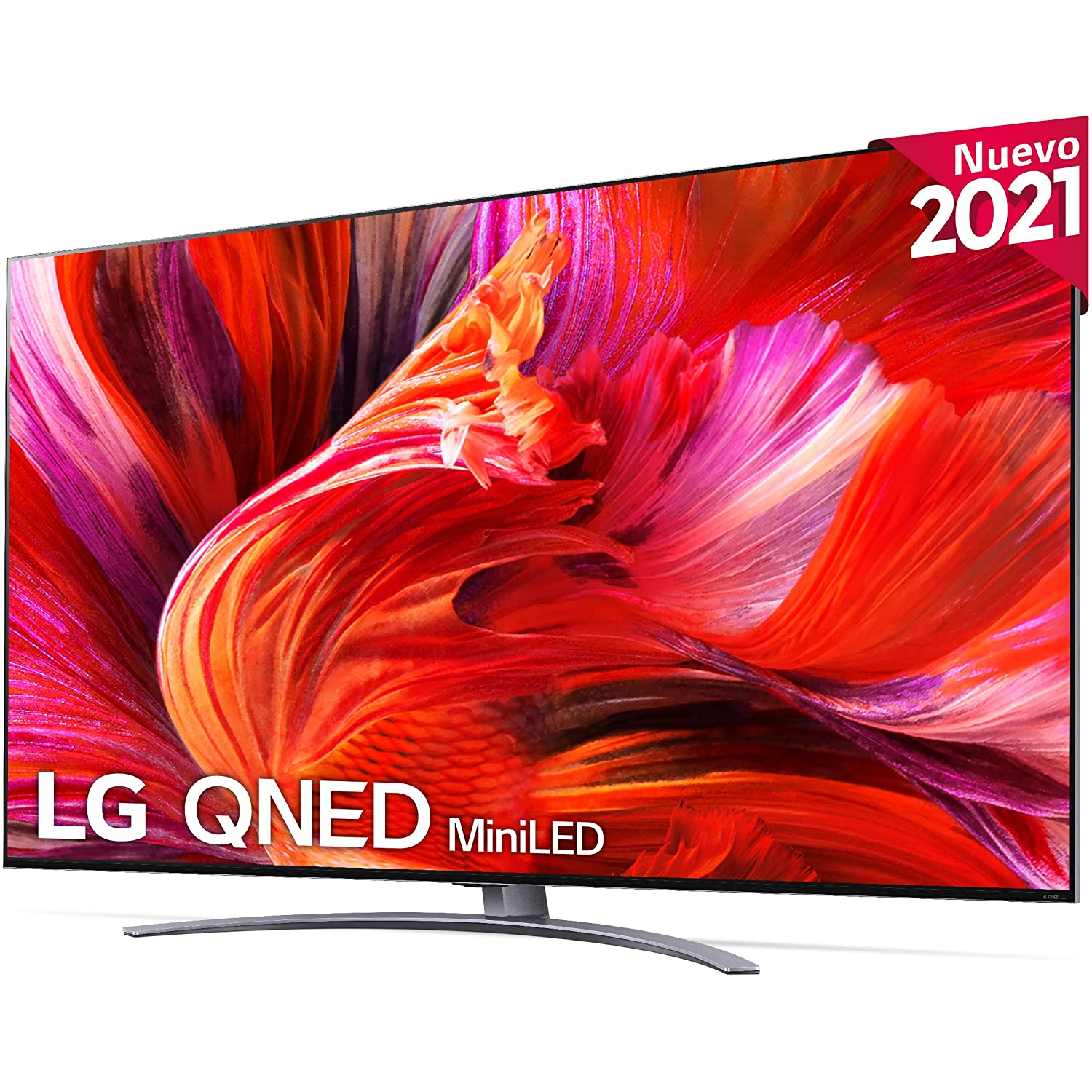 Televisor LG QNED MiniLED, con arte abstracto colorido en la pantalla.