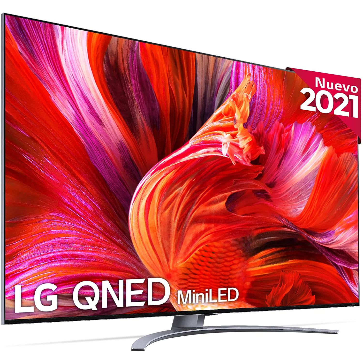 Un televisor LG QNED MiniLED grande con imagen colorida y pegatina 'Nuevo 2021'.