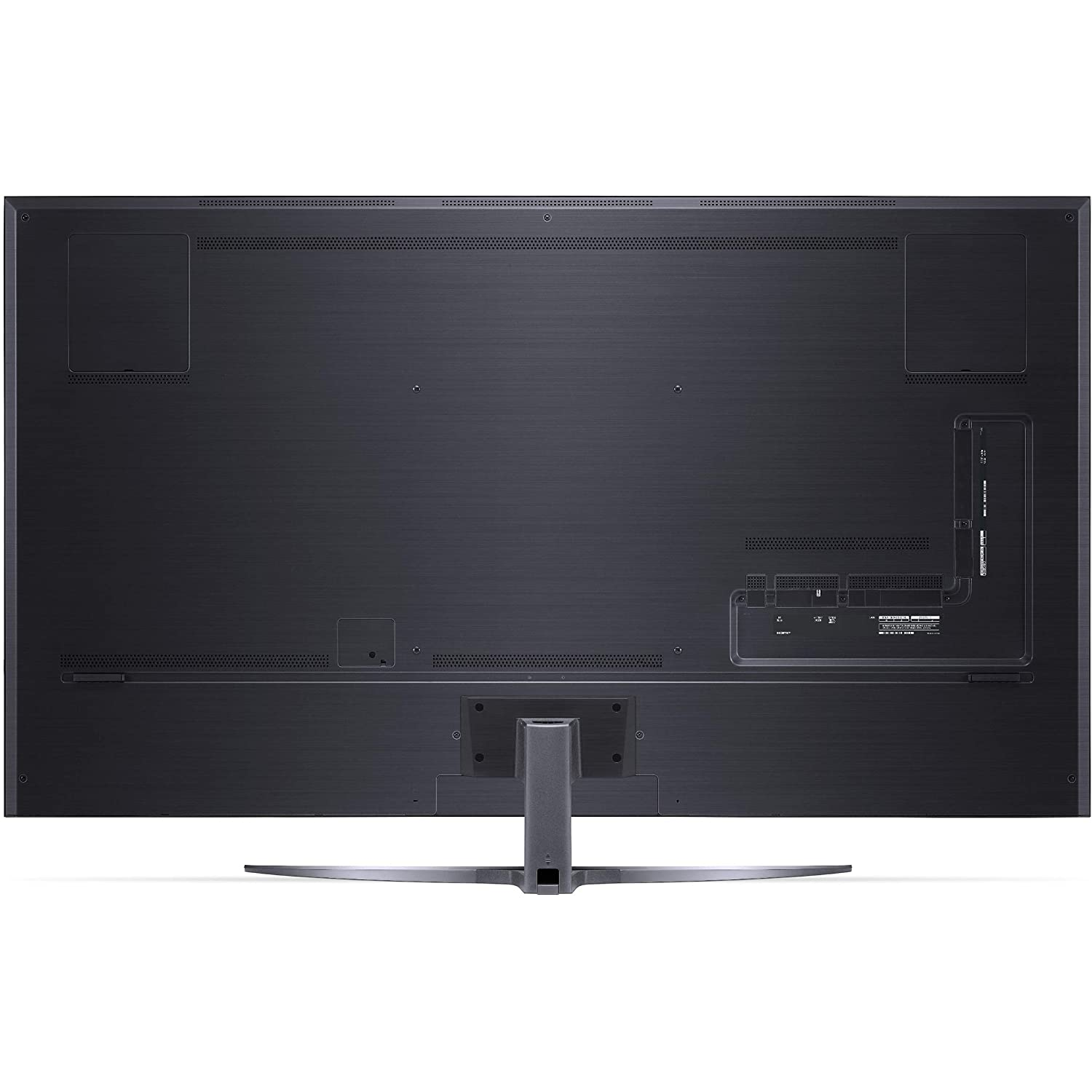Vista trasera de un televisor de pantalla grande negro con puertos, soporte y dos detalles rectangulares.
