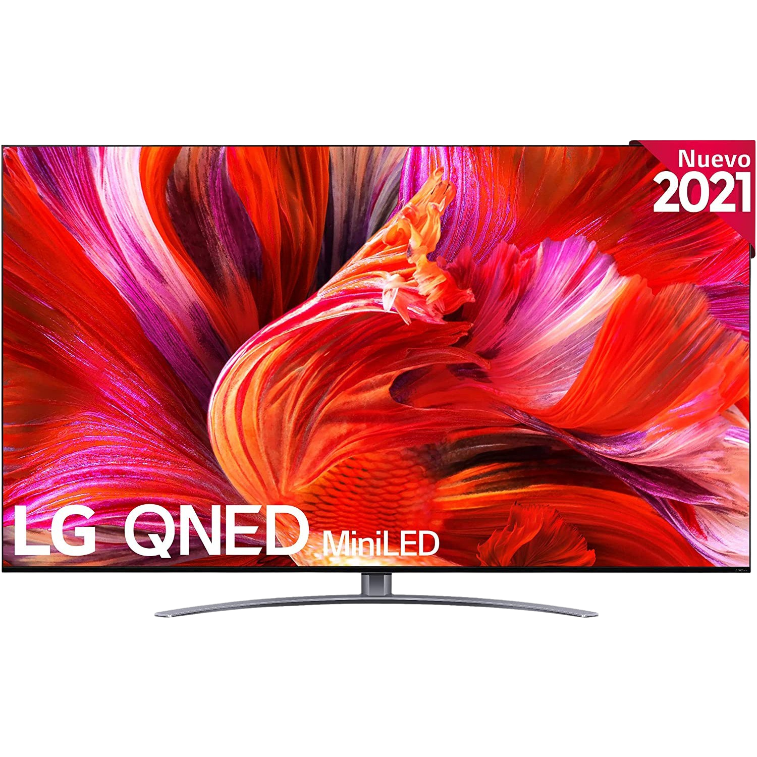 Un televisor grande con una pantalla floral vibrante. El televisor tiene un soporte curvo. La palabra 'Nuevo' está en la parte superior derecha.