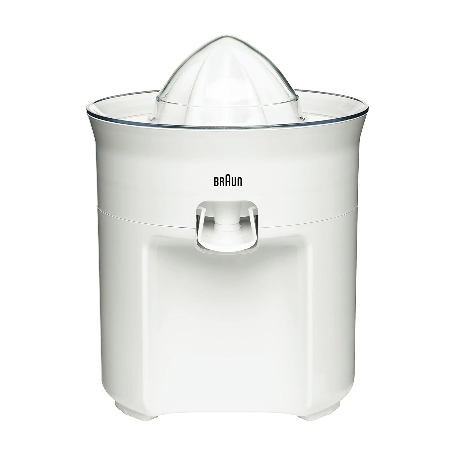 Uno spremiagrumi Braun bianco. Lo spremiagrumi è vuoto e ha un coperchio trasparente.