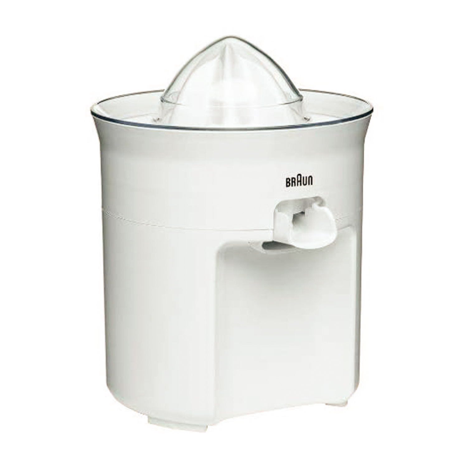 Spremiagrumi Braun bianco. Corpo bianco e coperchio trasparente. Lo spremiagrumi è su sfondo bianco.