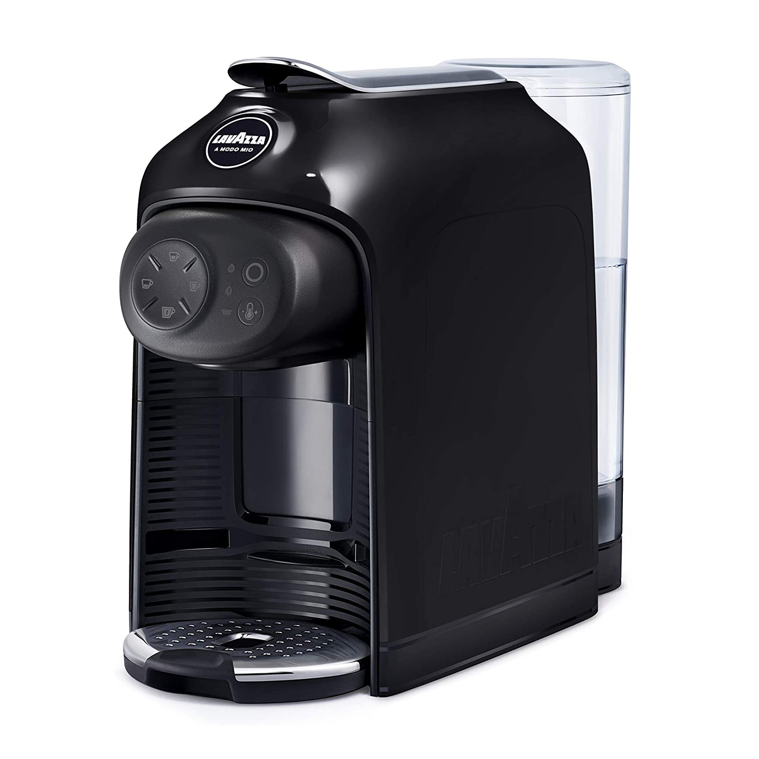 Macchina da caffè Lavazza A Modo Mio nera. Presenta un serbatoio dell'acqua e un contenitore per capsule usate.