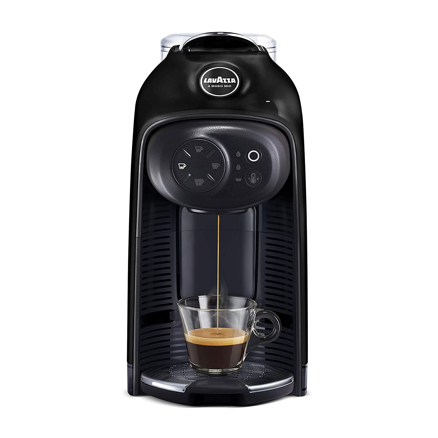 Macchina da caffè Lavazza nera con tazza di caffè, versando espresso.