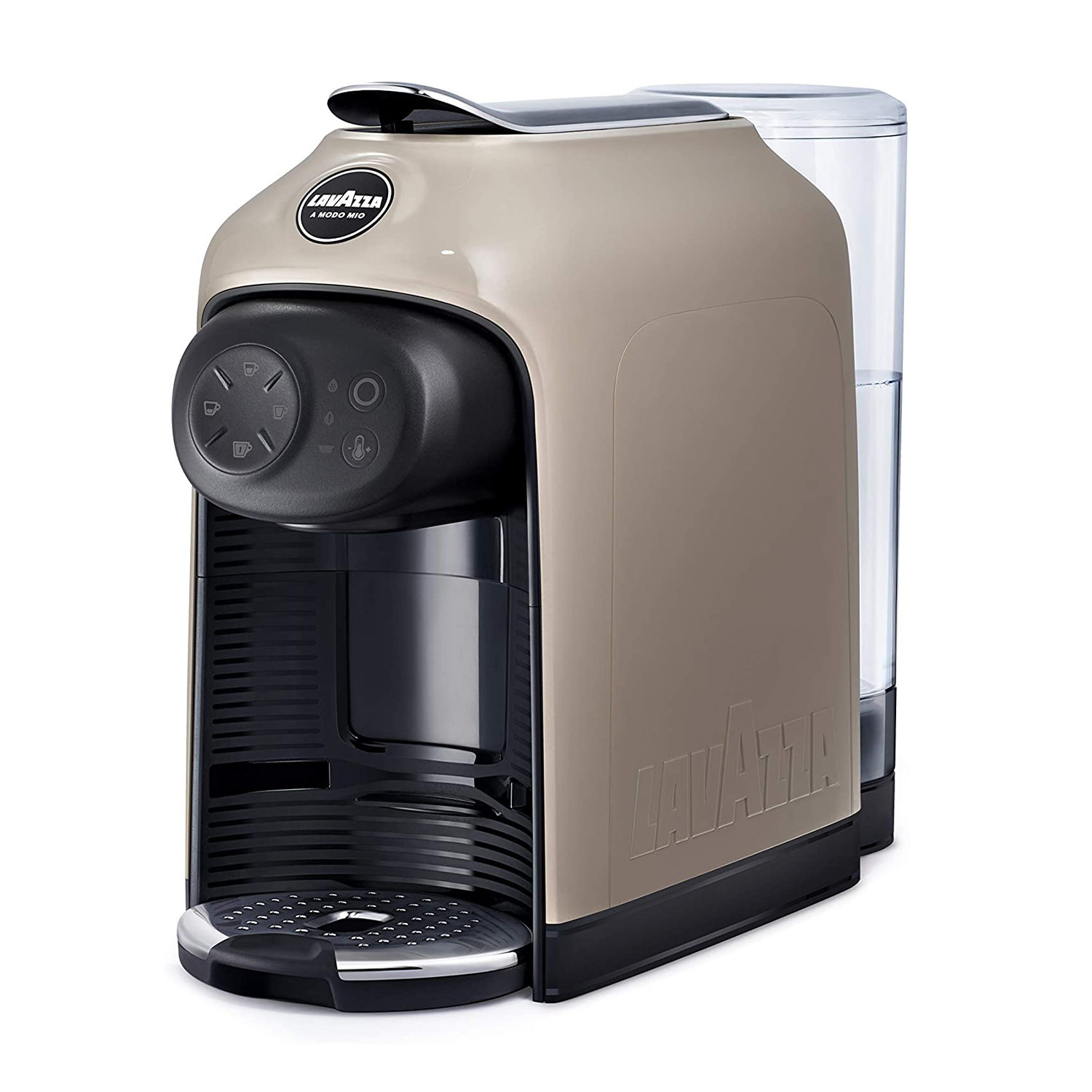 Macchina da caffè beige con pulsanti, serbatoio dell'acqua e area tazza.