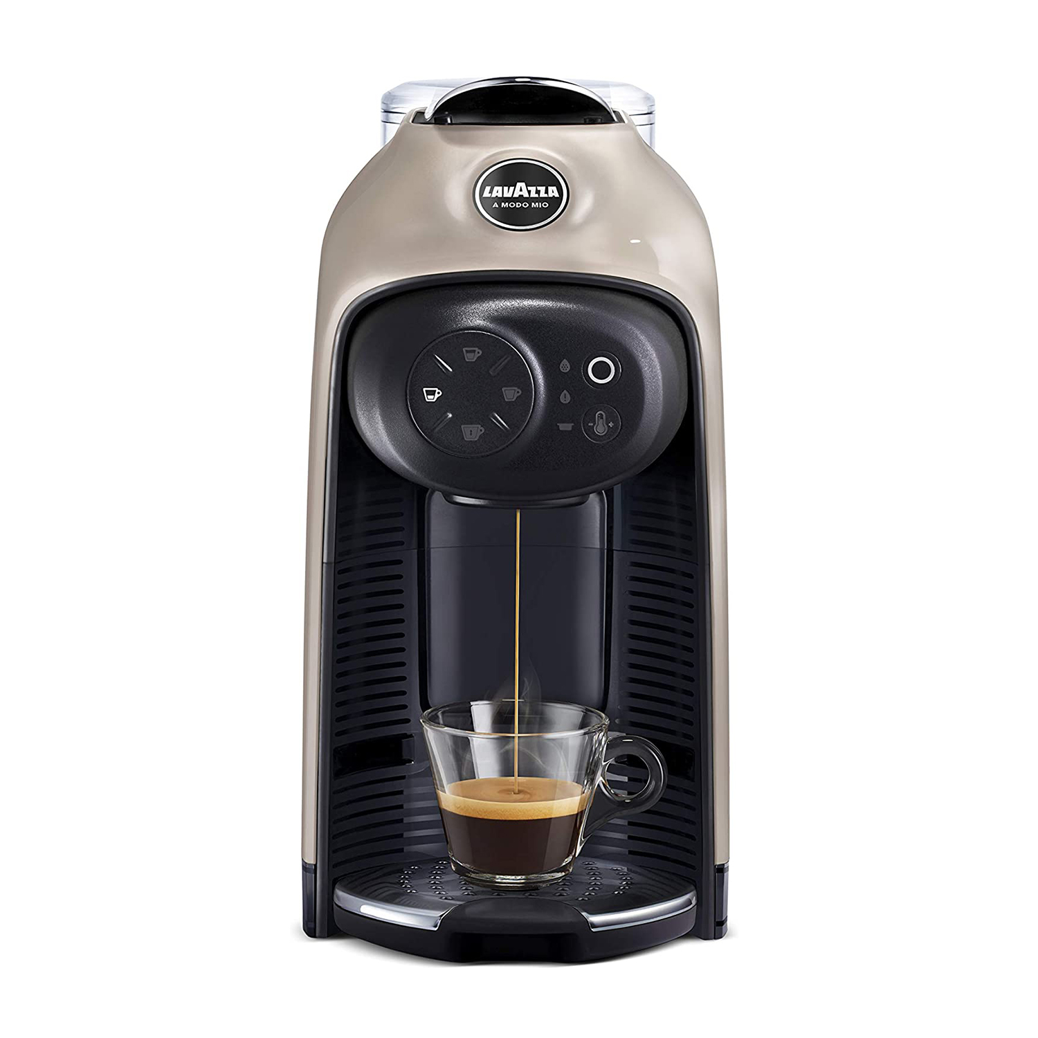Una macchina da caffè Lavazza. È beige e ha una tazza di vetro in cui viene versato il caffè.