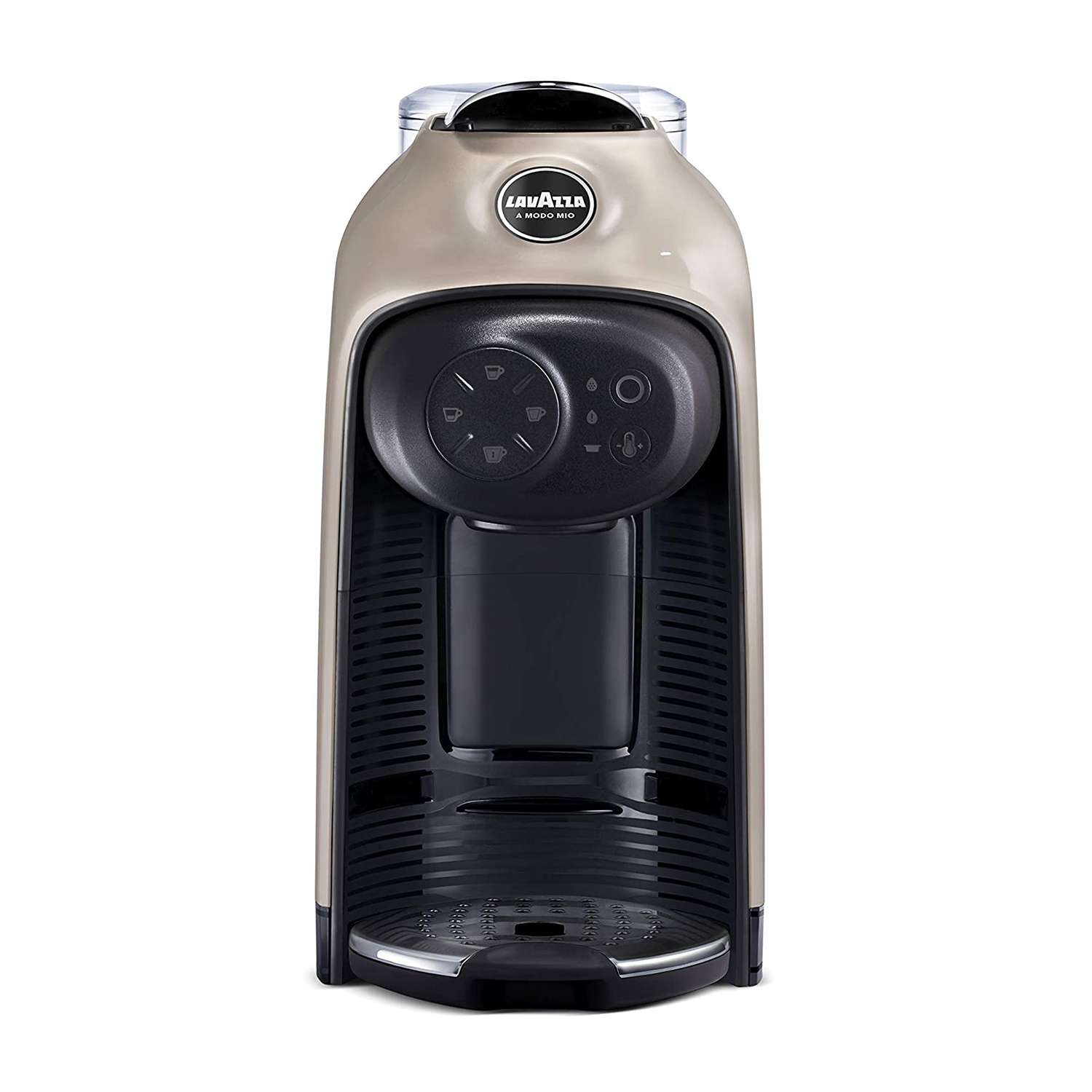 Una macchina da caffè Lavazza beige con pannello nero e parte superiore argentata.