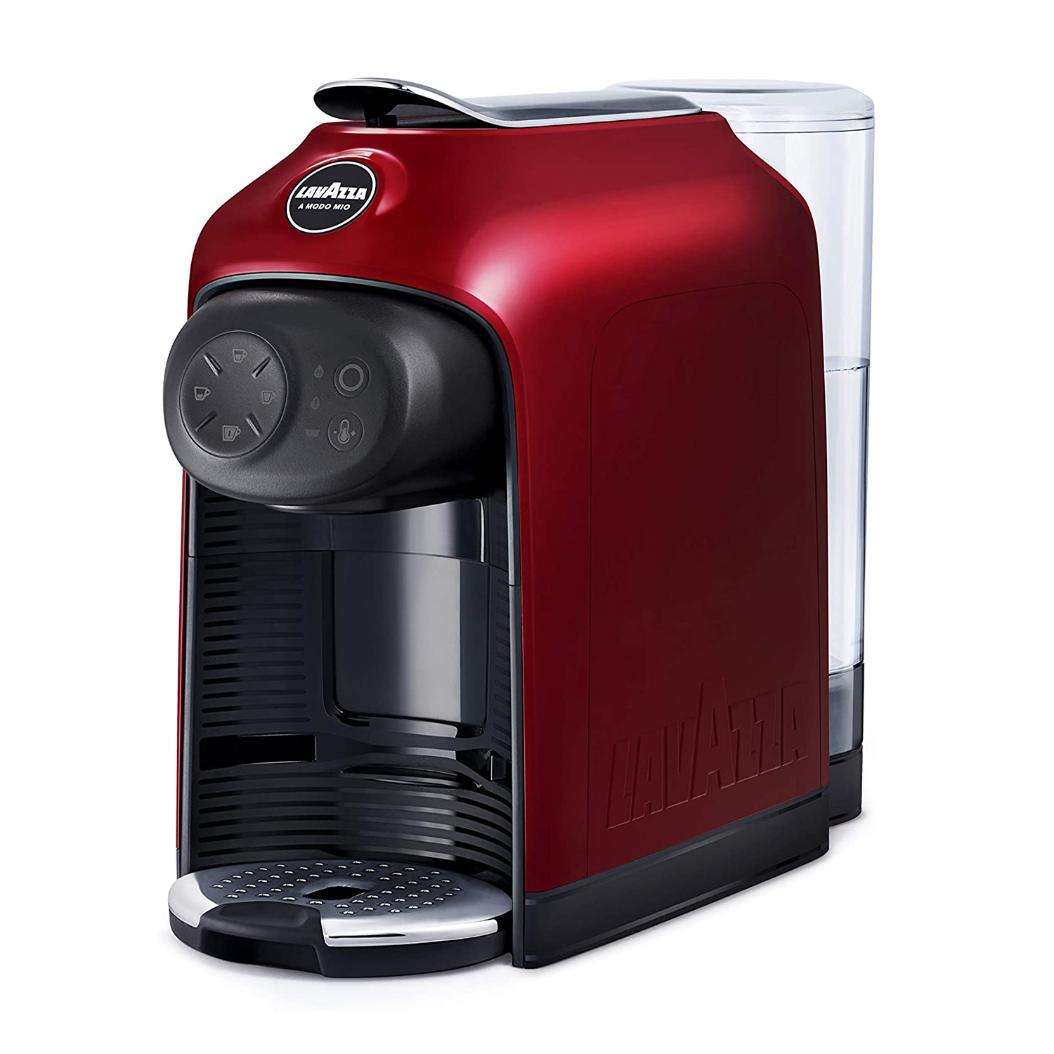 Macchina da caffè rossa Lavazza A Modo Mio. Dettagli e serbatoio neri.