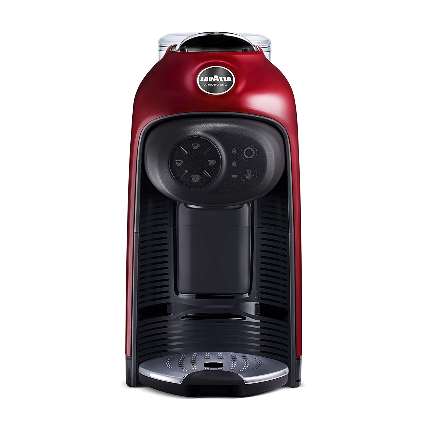 Macchina per caffè Lavazza rossa e nera. Ha un pannello centrale con pulsanti e un serbatoio dell'acqua.
