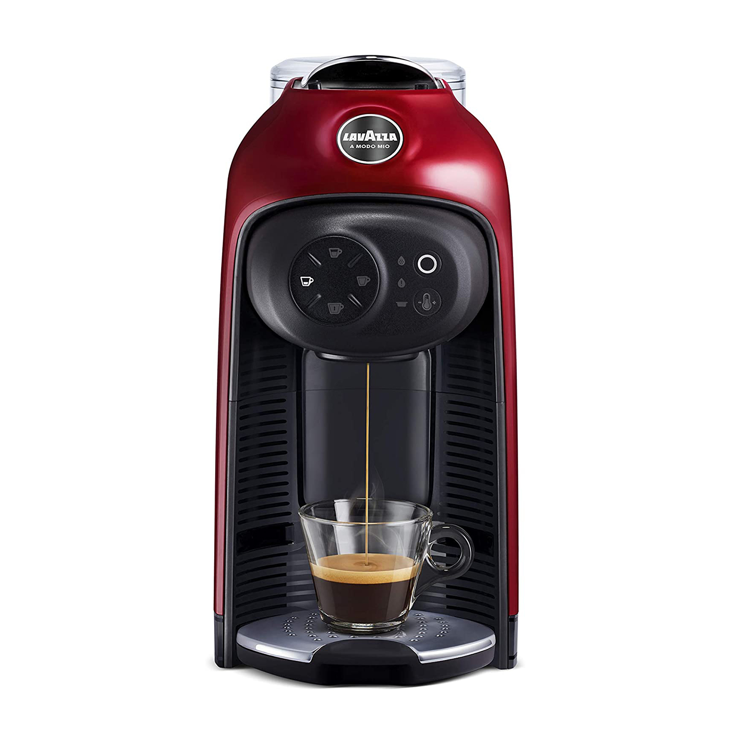 Una macchina da caffè Lavazza rossa con una tazza di vetro trasparente che si riempie di caffè.