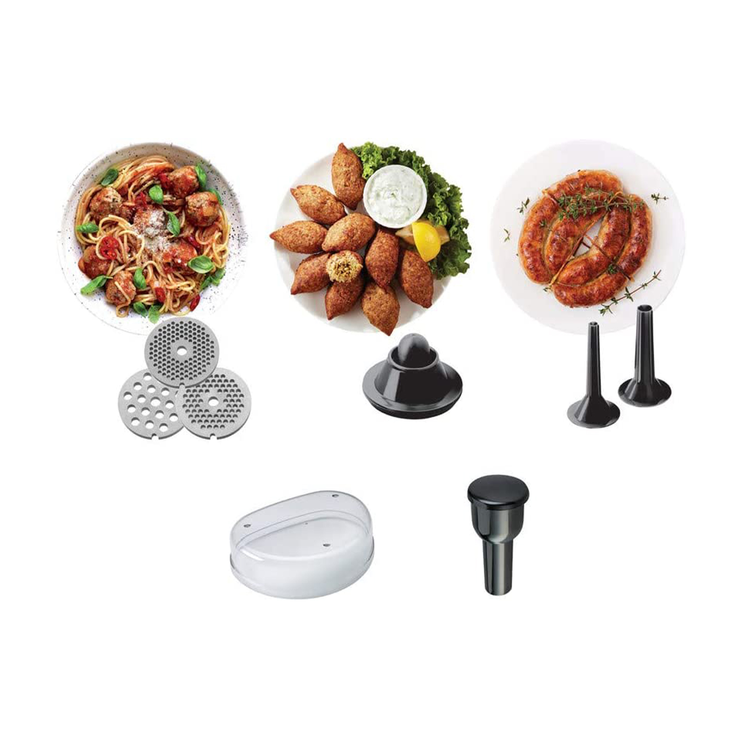 Accessori per robot da cucina: piastre per tritacarne, salsicce, polpette e altri accessori.