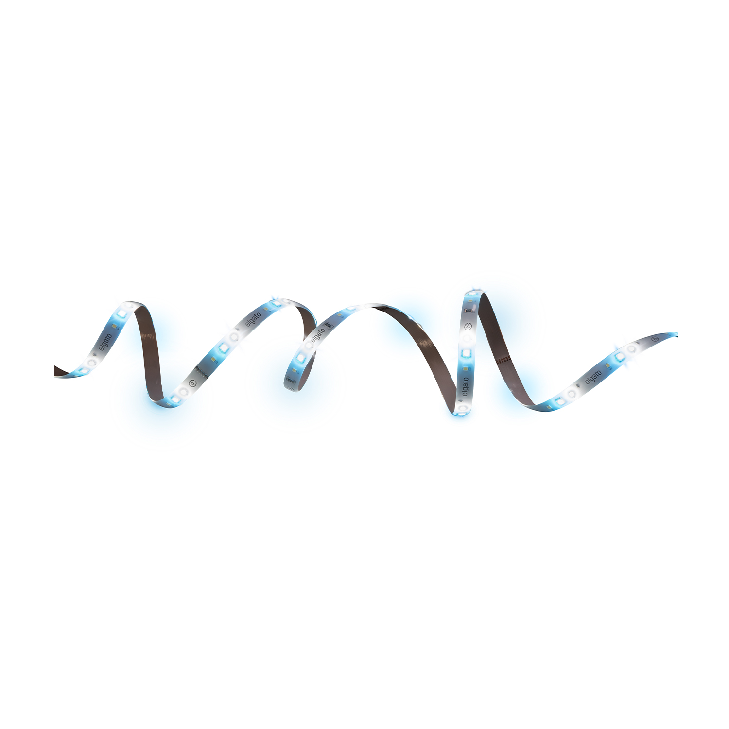 Una striscia LED blu in un motivo ondulato. La striscia è su uno sfondo bianco.