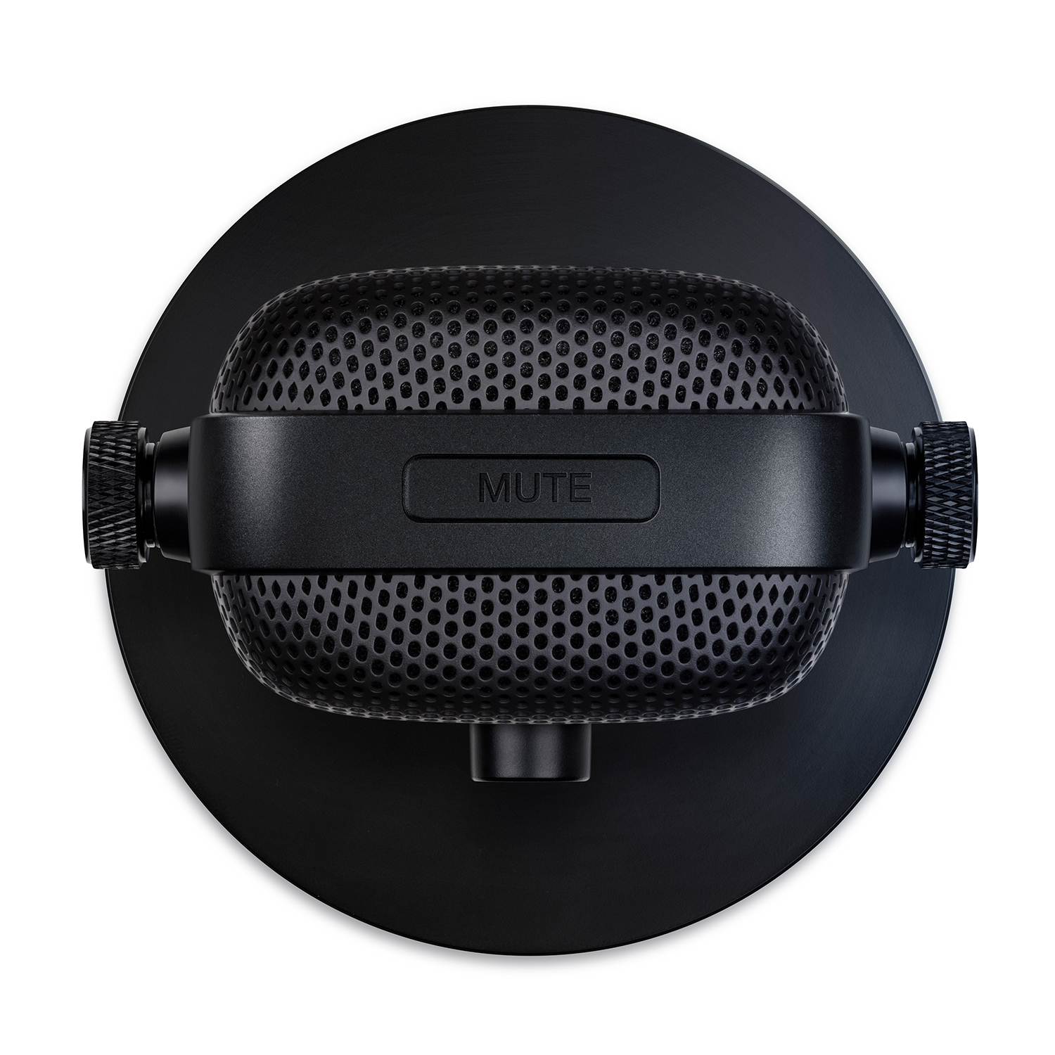 Microfono nero su un supporto nero. Il microfono ha uno schermo a rete e un pulsante MUTE in alto.