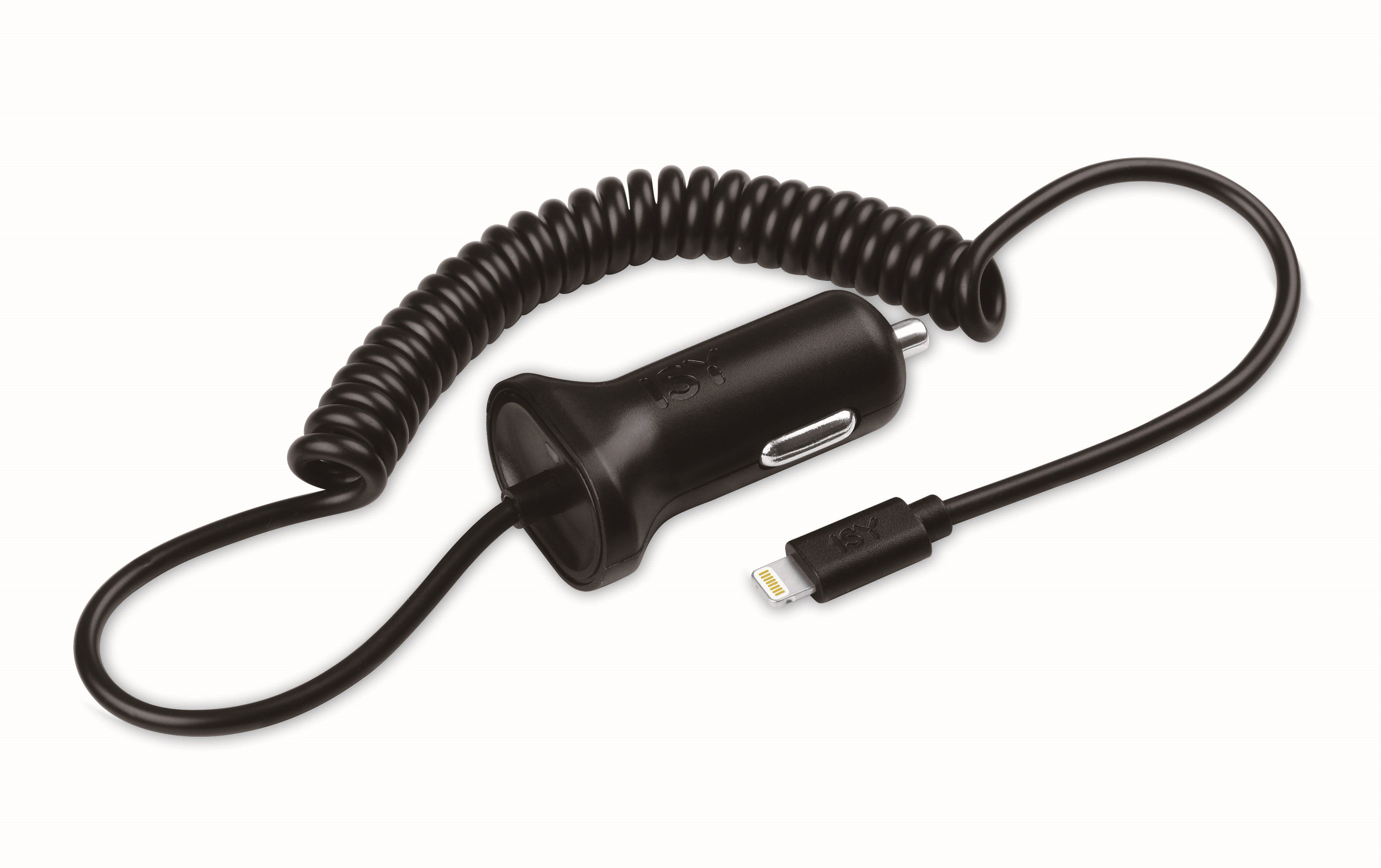 Chargeur de voiture noir avec câble en spirale et connecteur Lightning.
