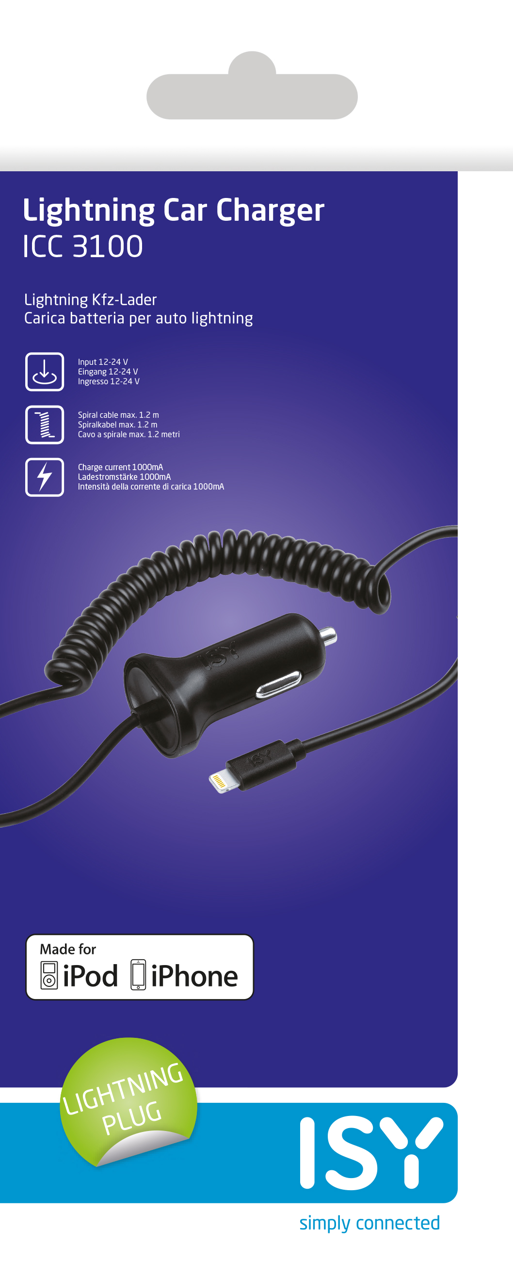 Chargeur de voiture Lightning, noir, marque ISY. Câble en spirale, connecteur Lightning et emballage.