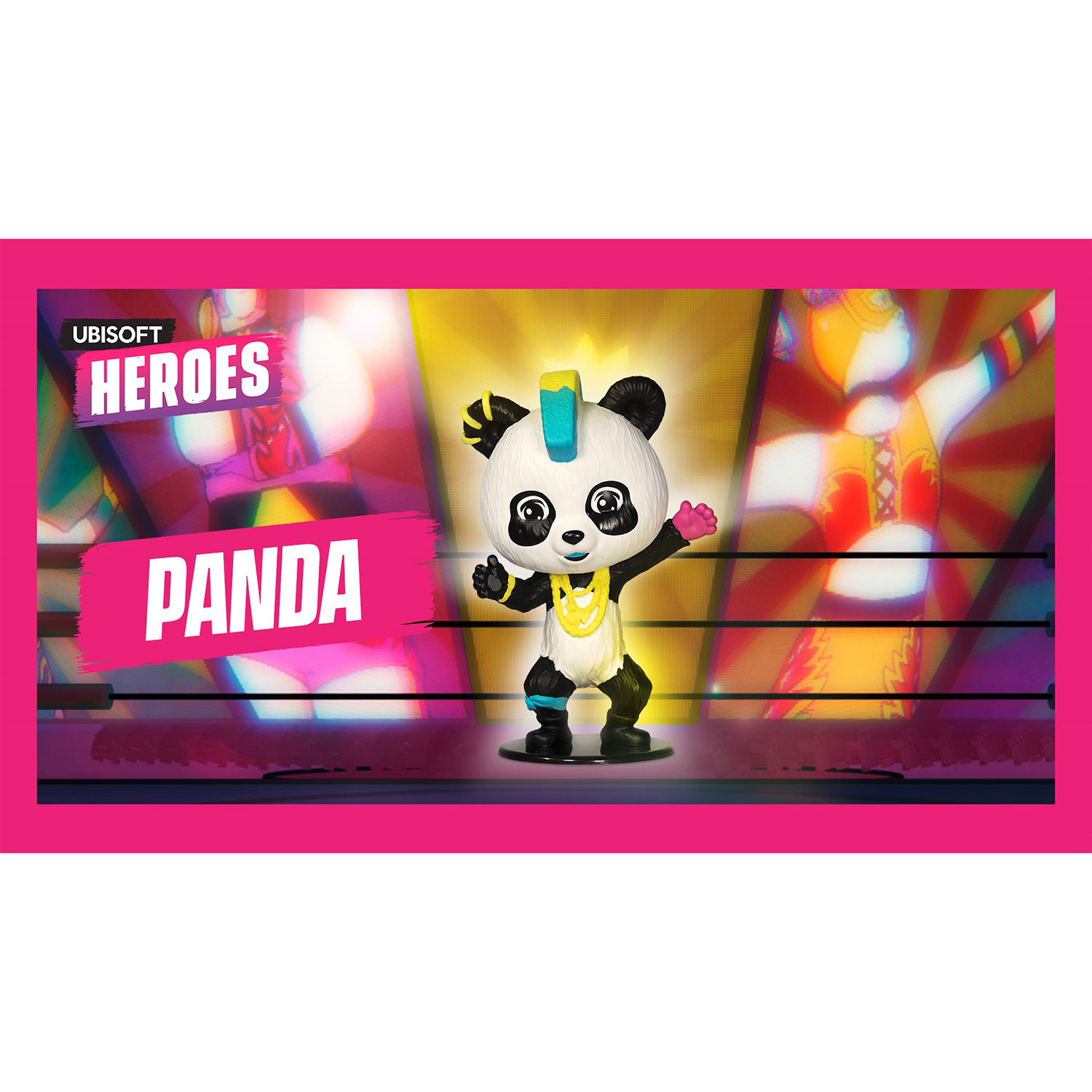 Una statuetta di panda in posa da combattimento. La figura del panda è in una cornice rosa con testo intorno.