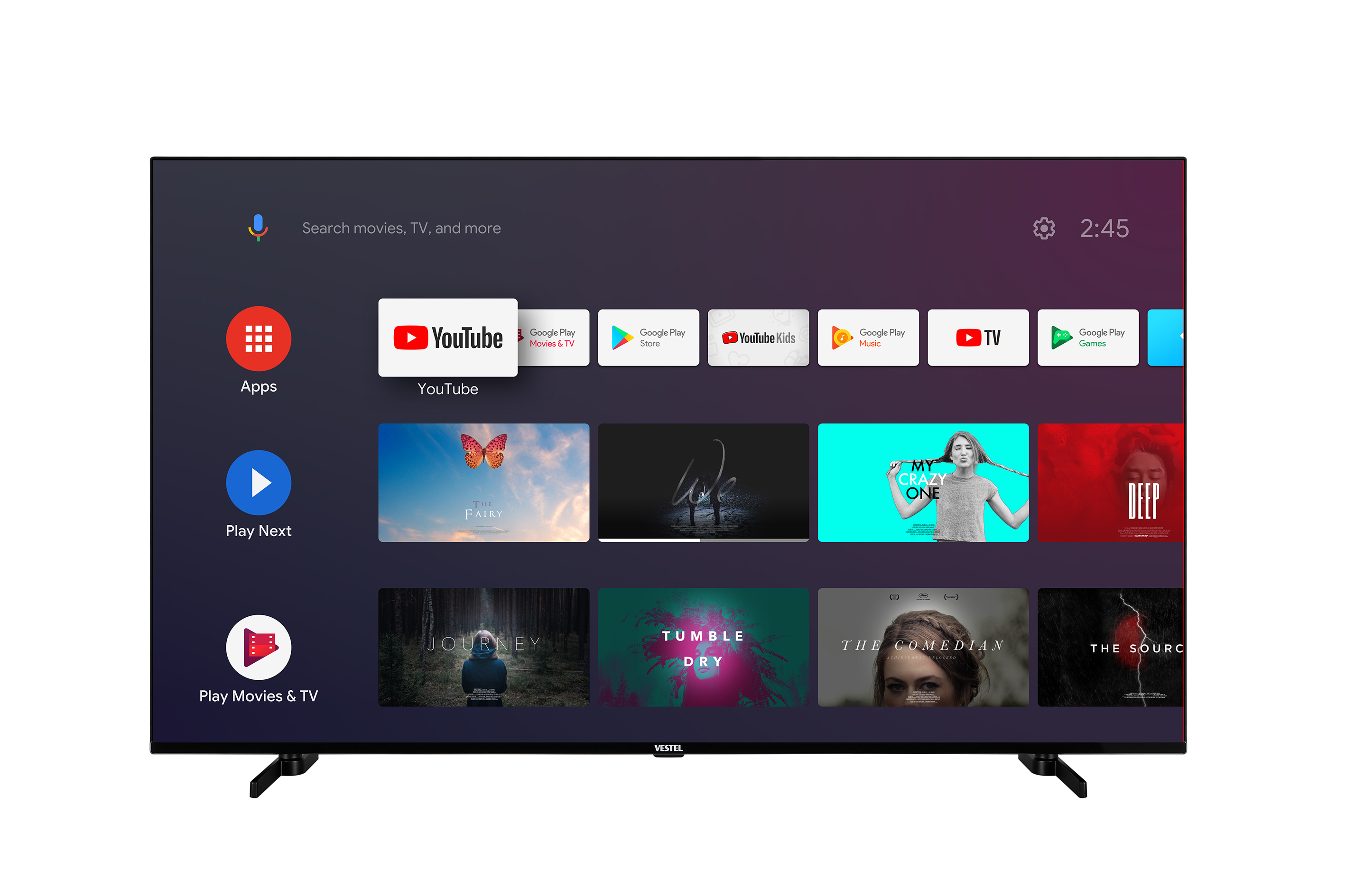 Uygulamaları ve videoları gösteren büyük TV ekranı. Siyah çerçeve ve stand.