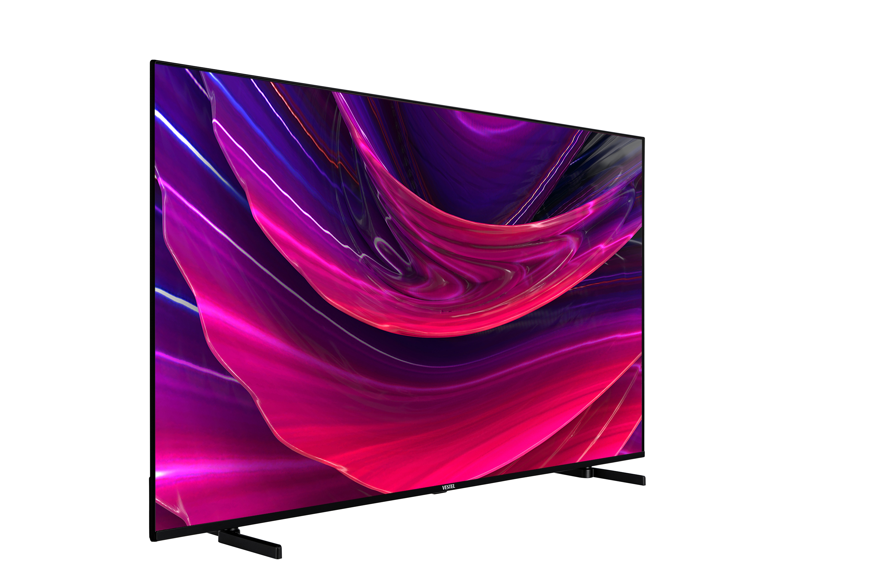 Modern bir TV ekranı, açılı, canlı, soyut, pembe ve mor bir tasarımla.