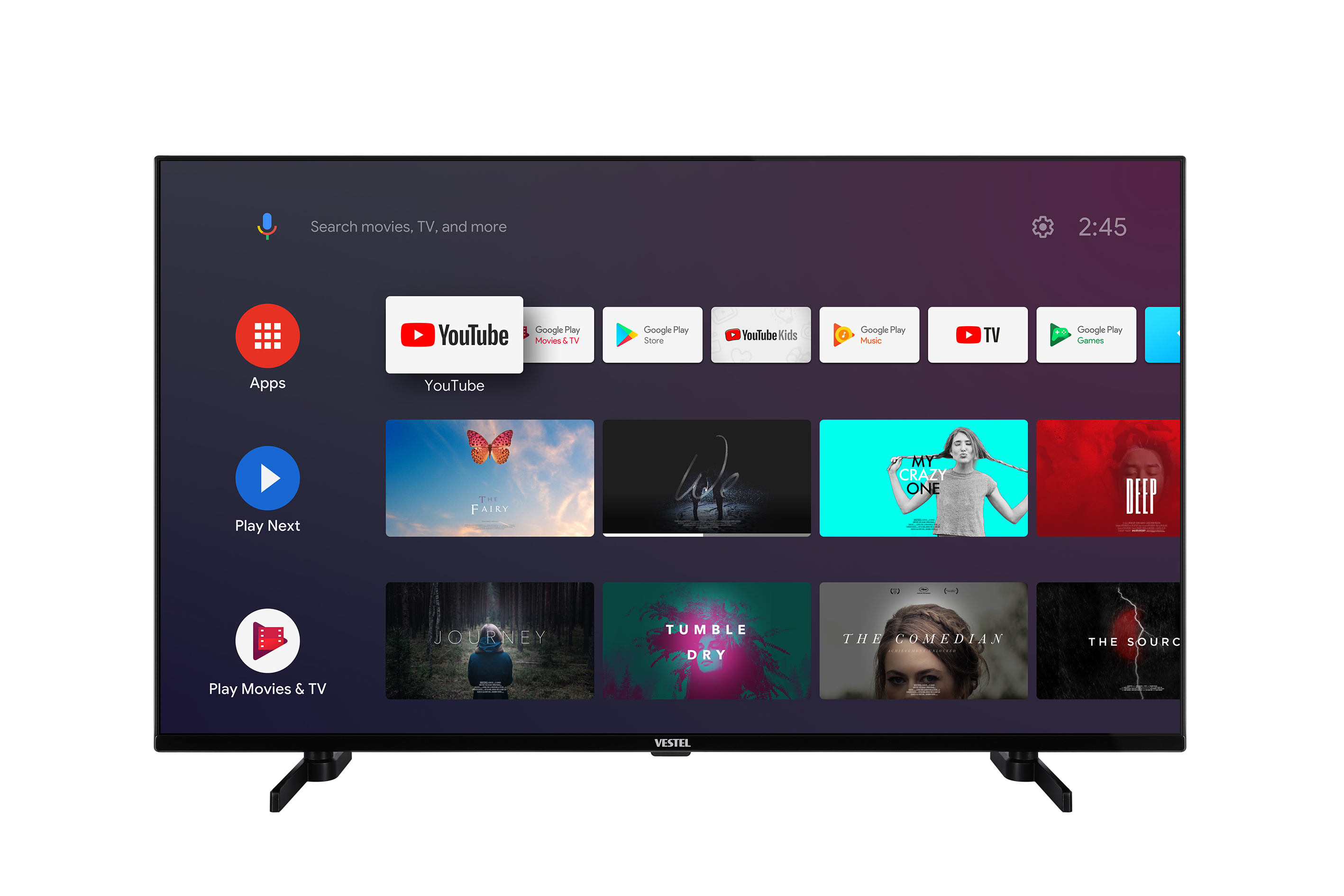 Android TV arayüzünü ve uygulamalarını gösteren siyah bir VESTEL TV ekranı.