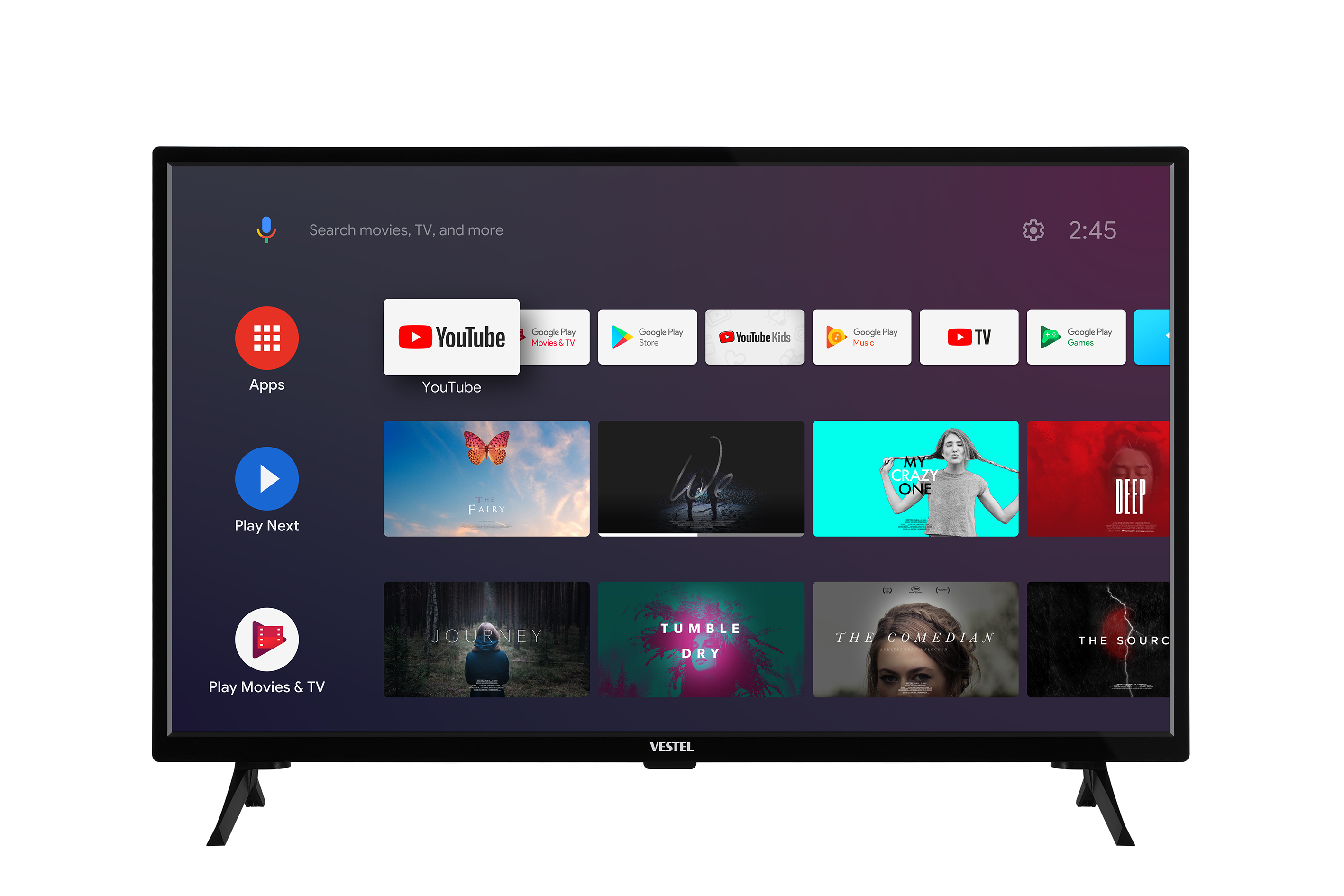 Bir Vestel akıllı TV, uygulama simgeleriyle bir ana menü görüntüler. Saat sağ üst köşede gösterilir.