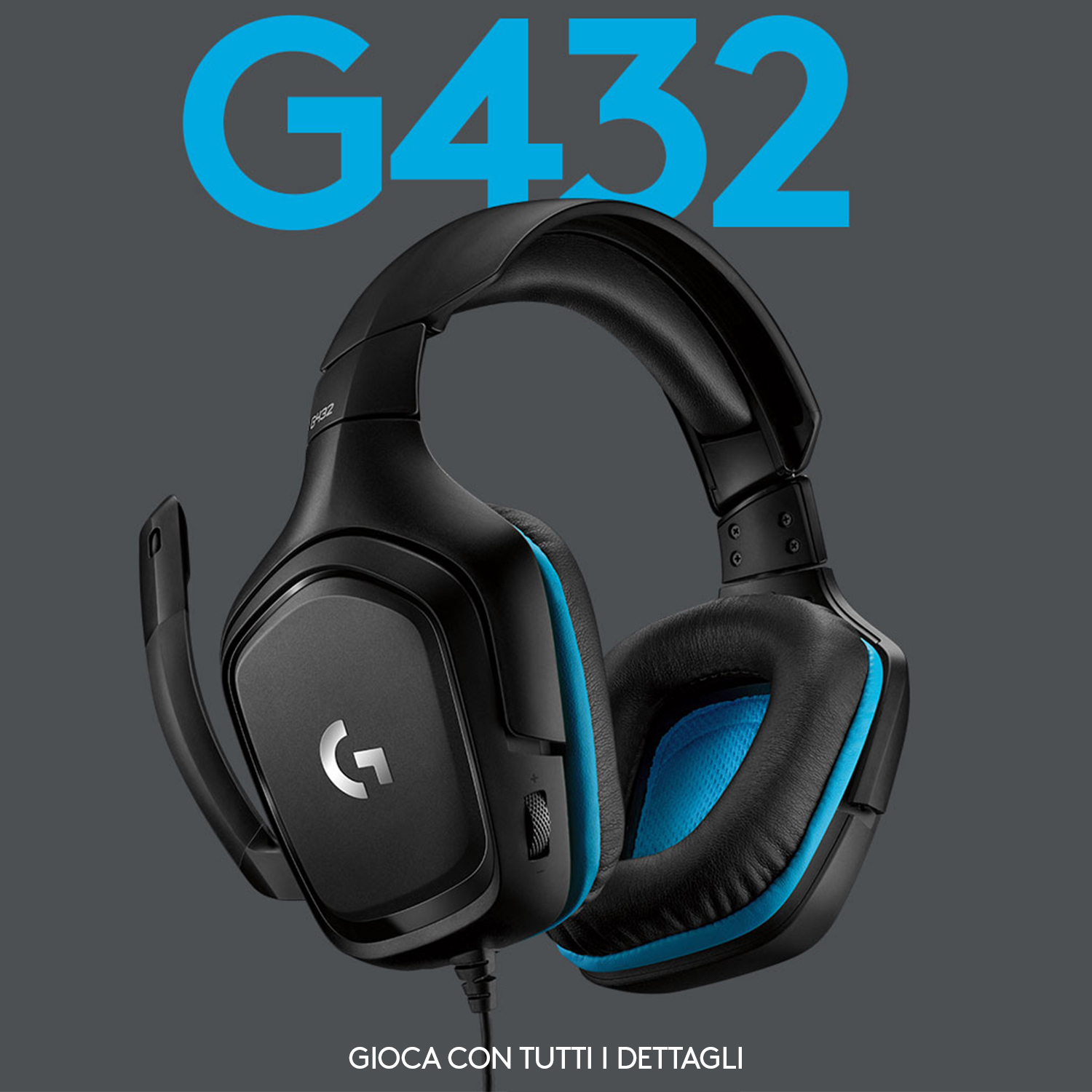 Cuffie da gioco nere e blu con il testo 'G432' e 'Gioca con tutti i dettagli'.