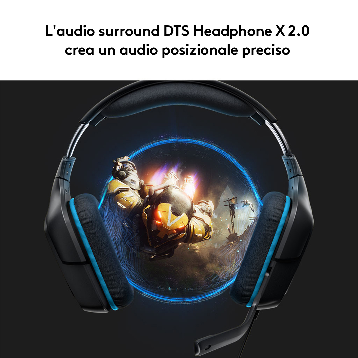 Cuffie da gioco nere con dettagli blu, che mostrano una scena di gioco. Sfondo nero.