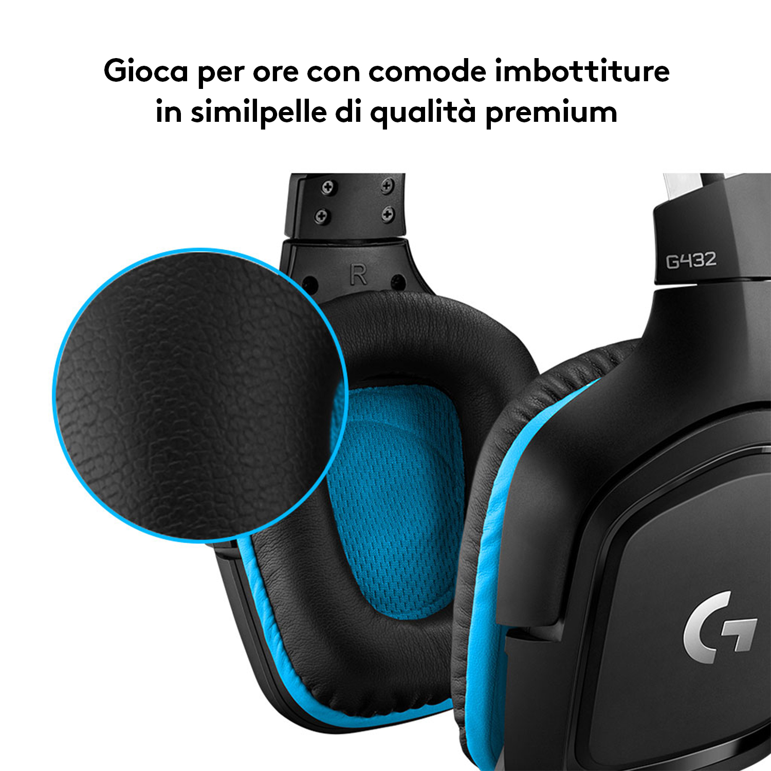 Cuffie nere e blu con un primo piano del cuscinetto auricolare. Il testo è presente.