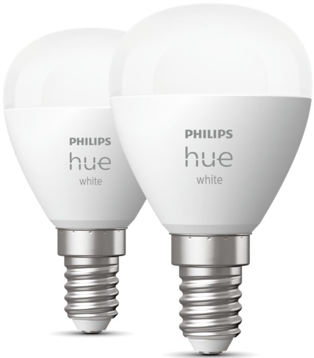 Deux ampoules blanches Philips Hue. Elles sont blanches avec le mot "Hue". Fond blanc.