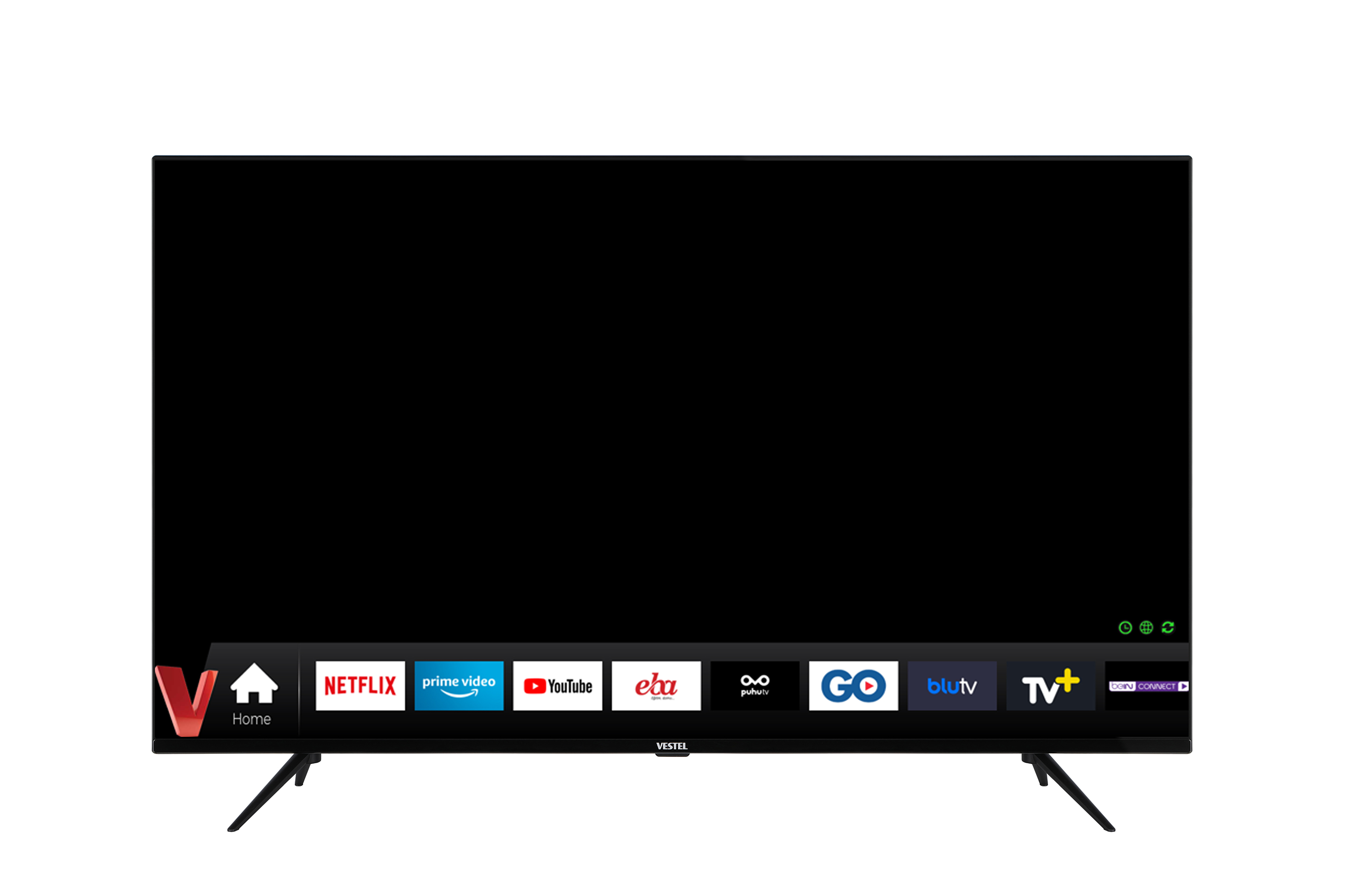 Altta uygulama simgeleri olan siyah bir TV ekranı. TV, beyaz bir arka plan üzerinde iki açılı ayak üzerinde duruyor.
