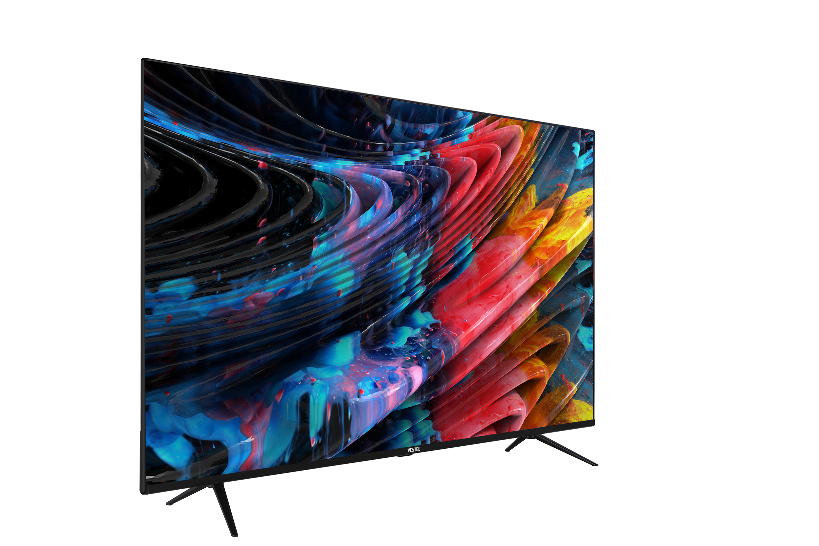 Renkli soyut sanat gösteren düz ekran TV, beyaz zemin üzerinde iki siyah ayak üzerinde duruyor. Marka Vestel.