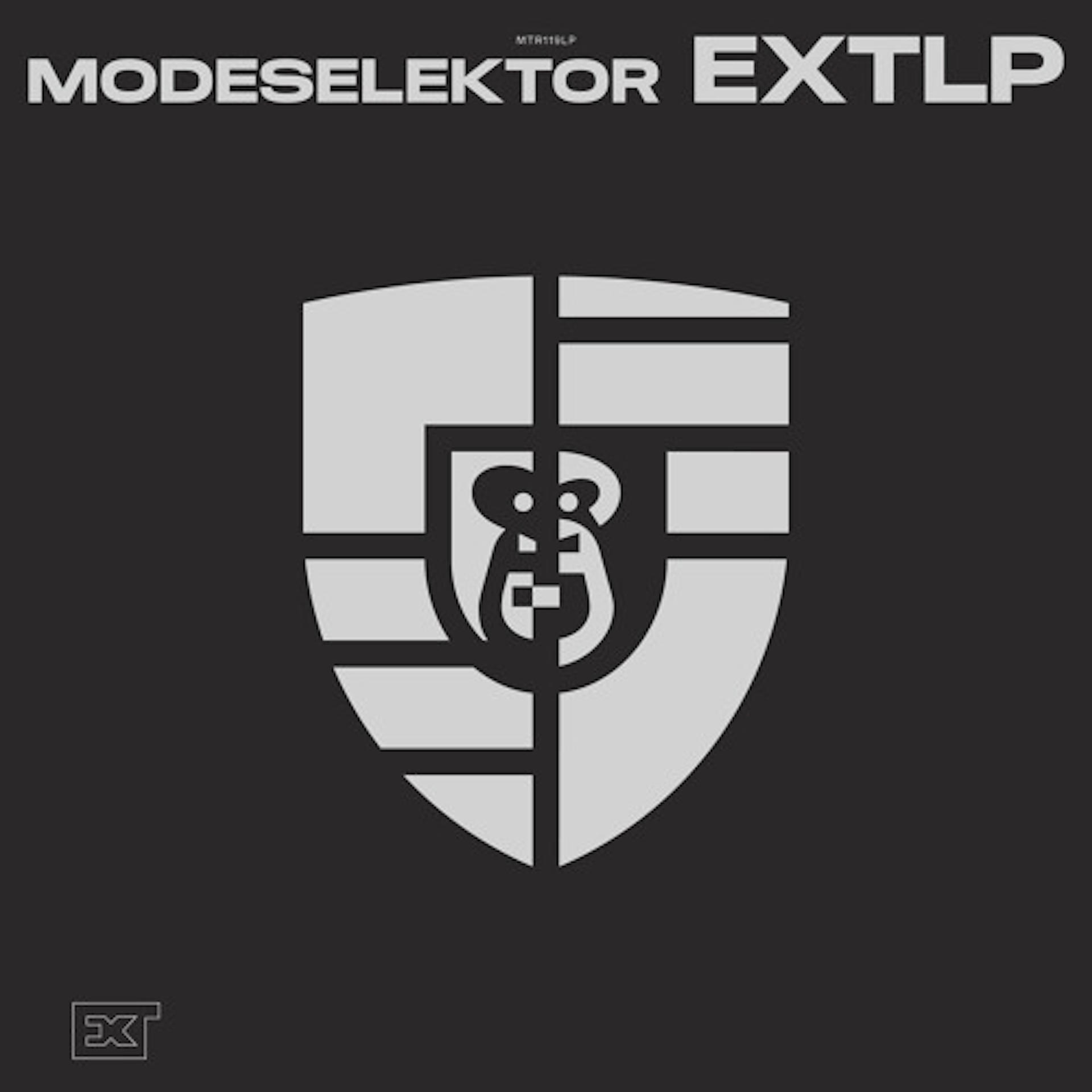 Extlp-Albumcover. Schild mit affenähnlicher Figur. Grau und Weiß auf schwarzem Hintergrund.