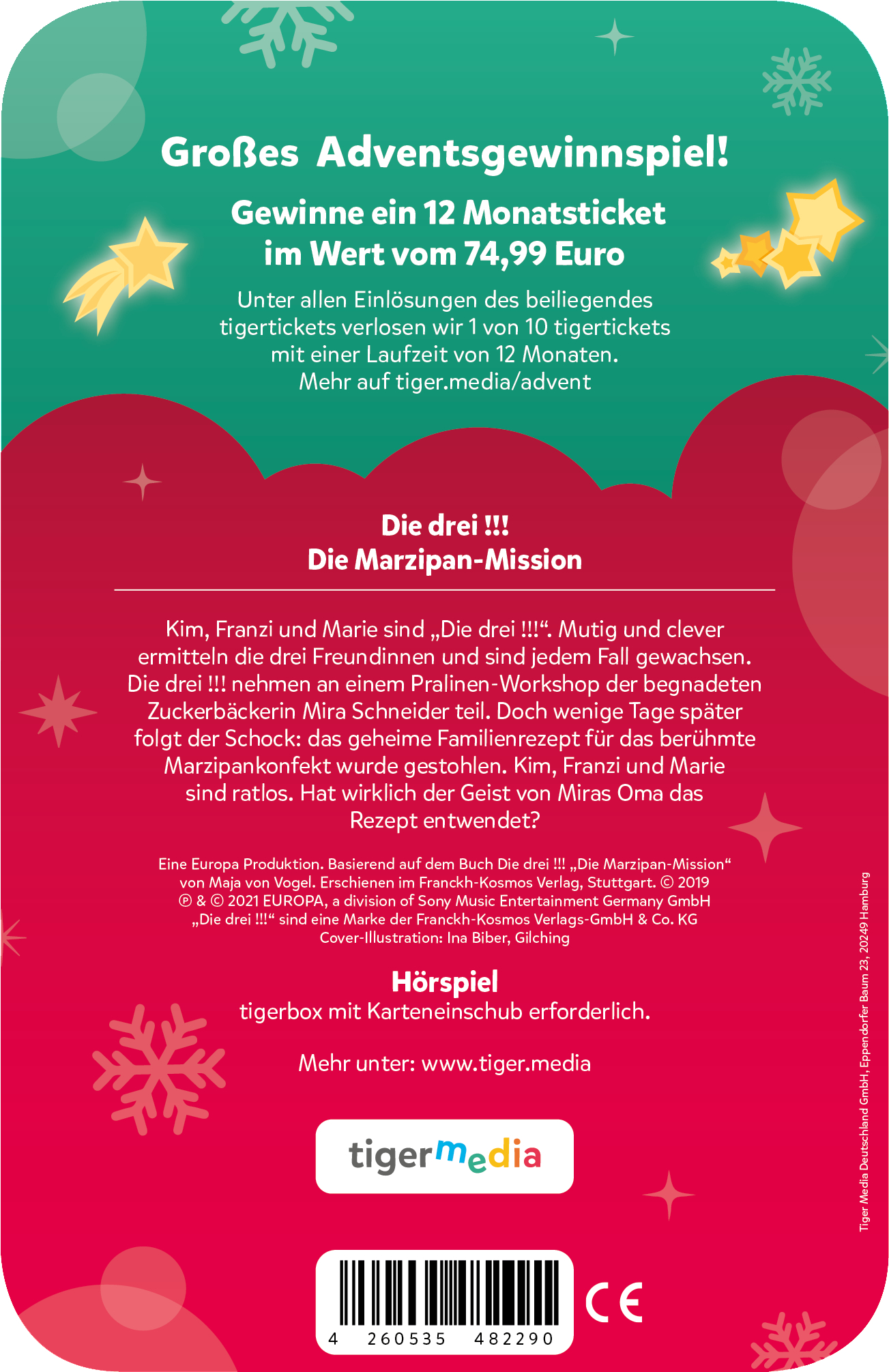Rückseite des Buches 'Die drei !!!'. Text- und Sternillustrationen mit einem Cartoon-Bild einer Frau und Sternen.