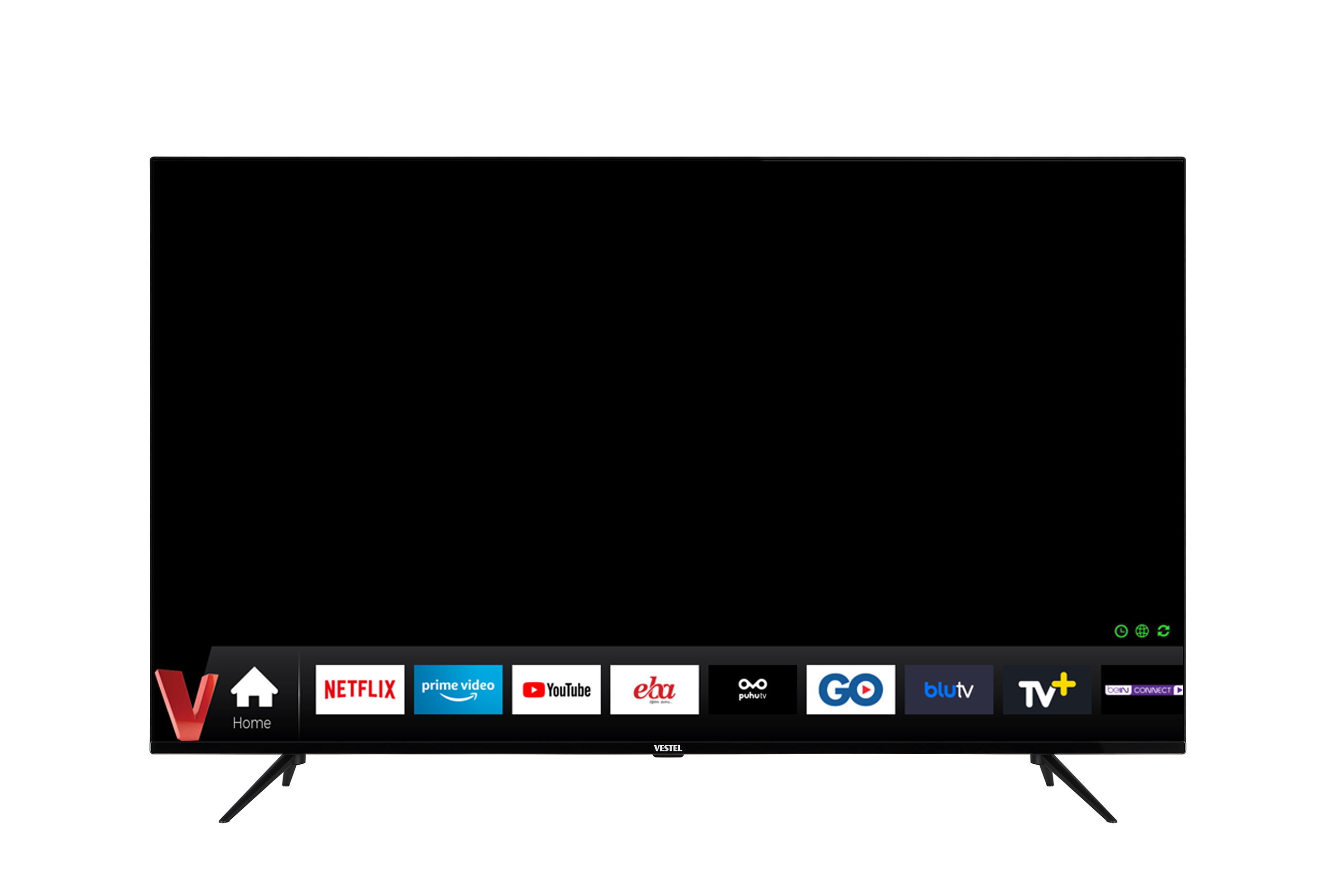 Altta simgeler bulunan siyah bir TV ekranı. Siyah stand ve çerçeve. Beyaz zemin.