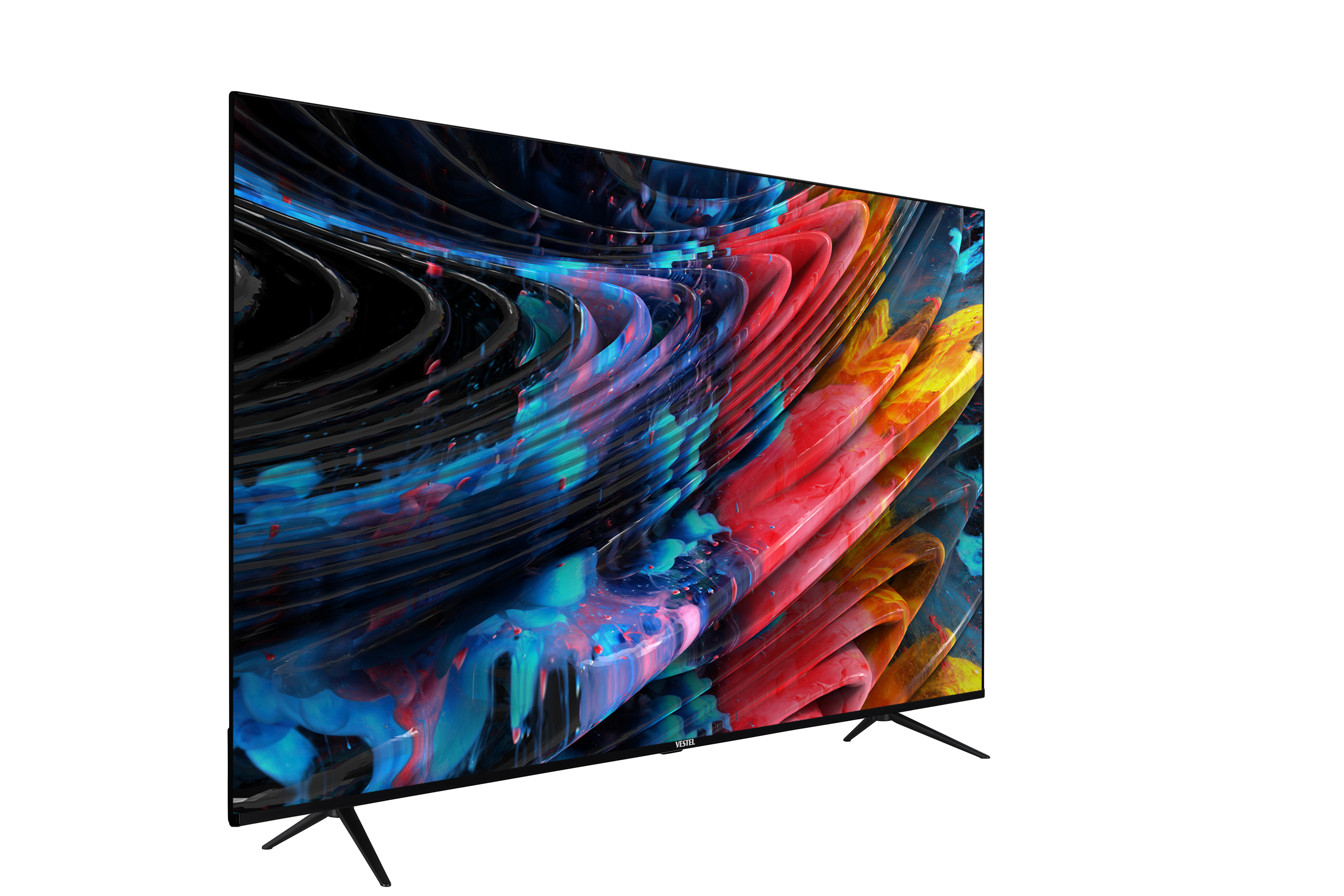Renkli soyut sanat sergileyen büyük TV ekranı. TV siyahtır, hafifçe açılıdır.