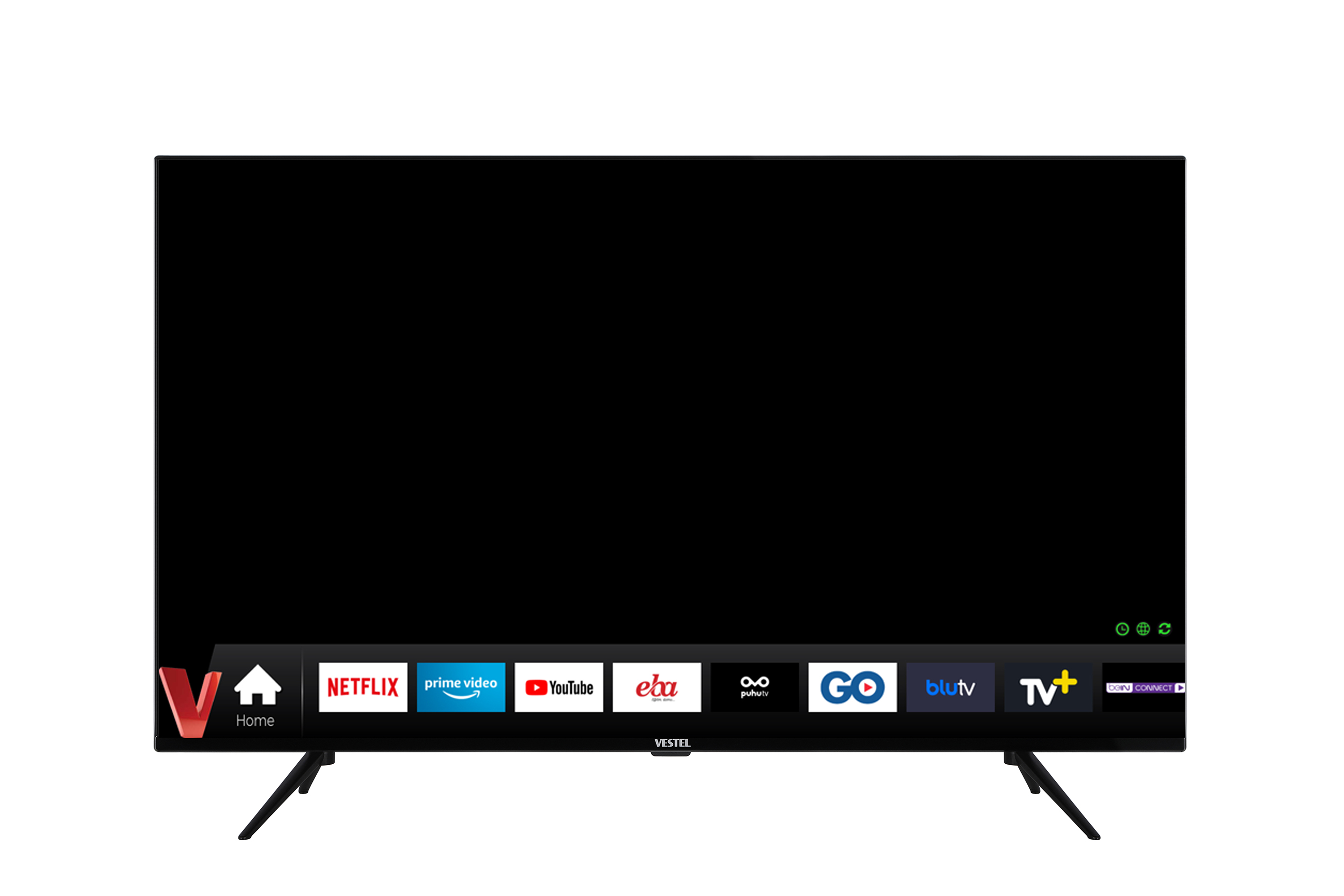 Siyah Vestel TV, akıllı TV uygulaması simgeleri ve beyaz bir arka plan üzerinde siyah bir stand.