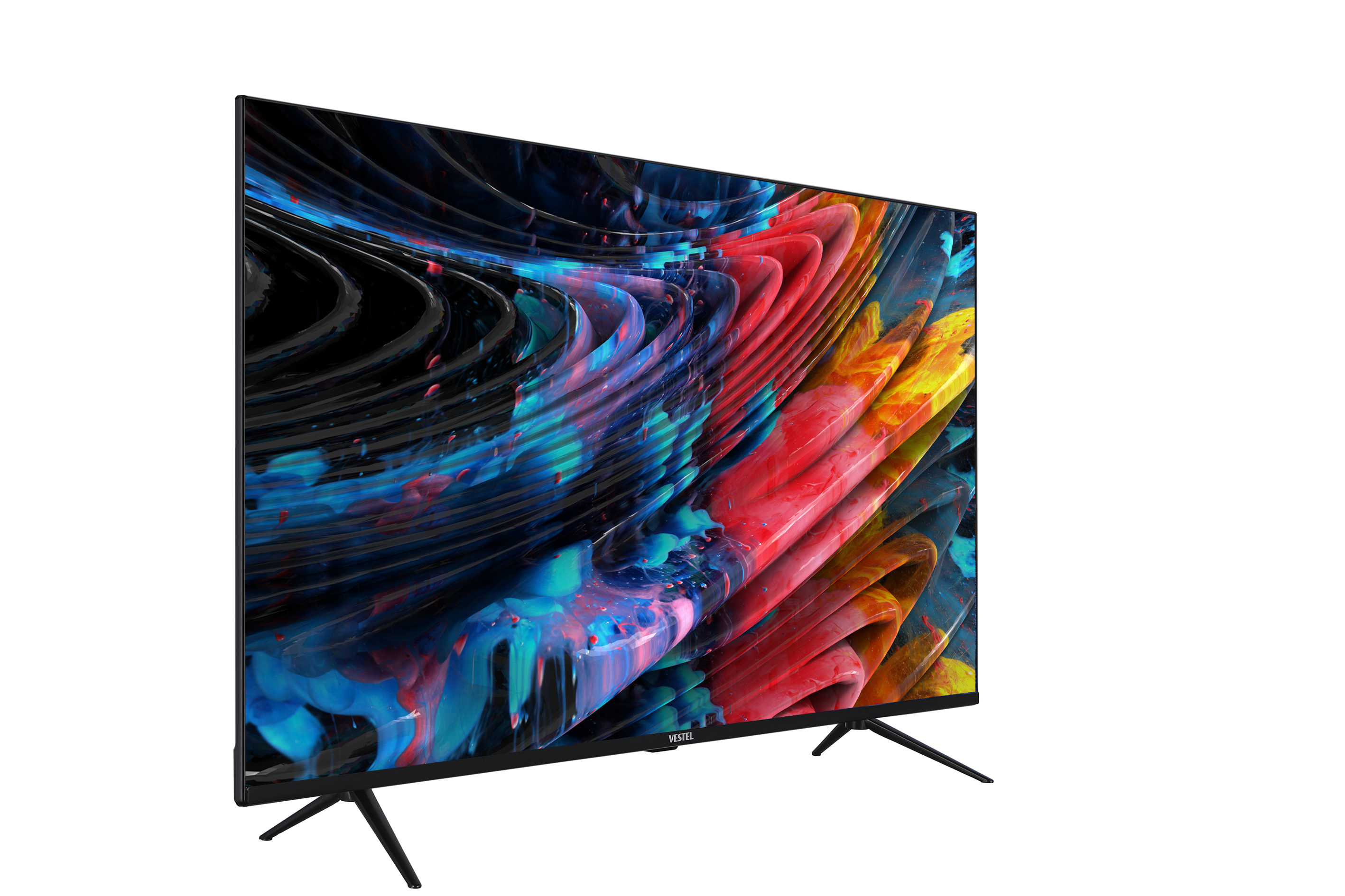Renkli soyut tasarımlı TV ekranı, siyah çerçeve, siyah ayaklar. Vestel markası görünür.