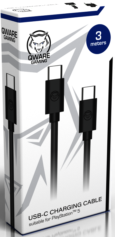 Boîte avec un câble de chargement USB-C. La boîte indique Qware Gaming et convient à la PS5.
