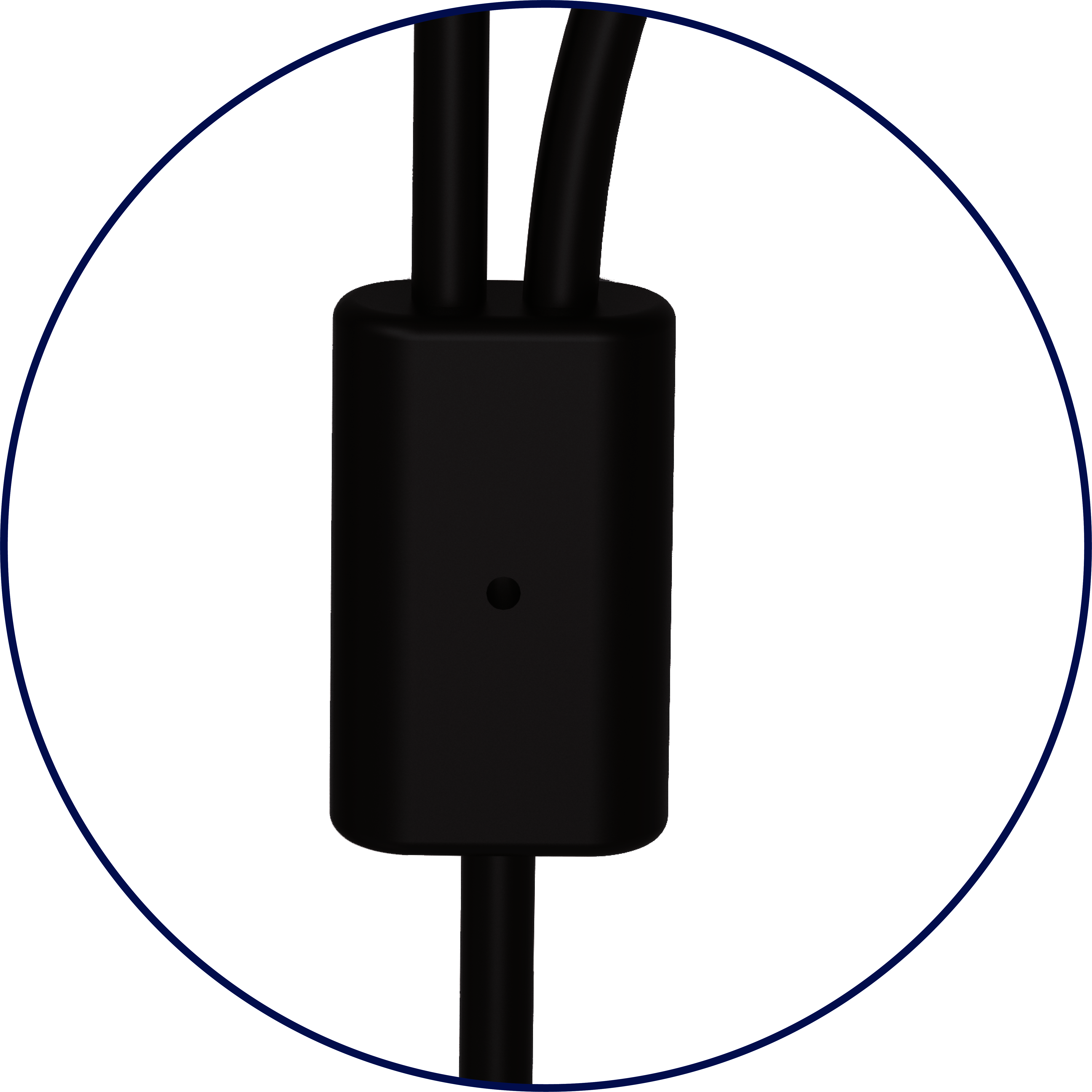 Câble noir avec une ferrite magnétique noire, à l'intérieur d'un cercle bleu.