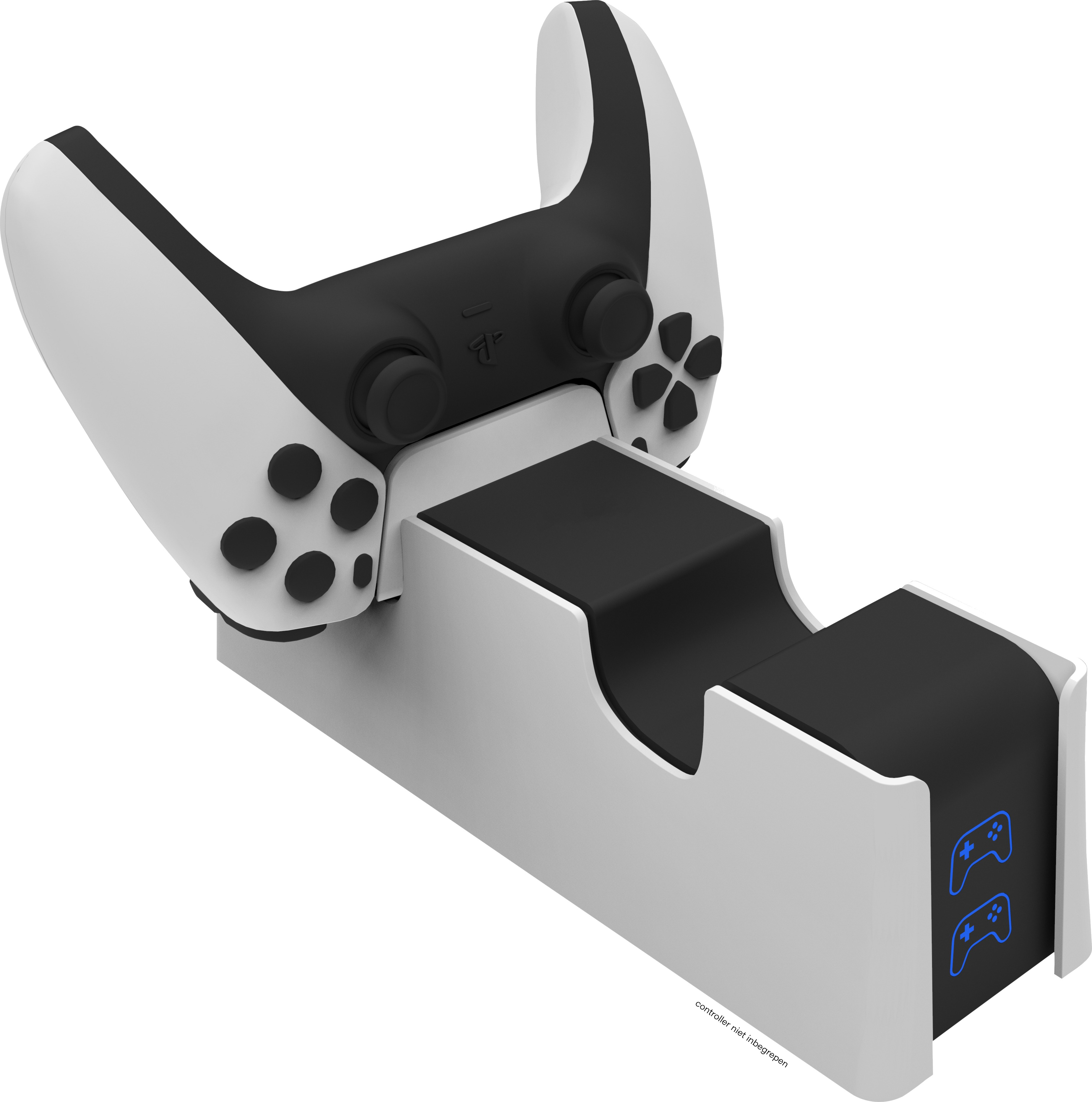 White charging dock for a white and black PlayStation 5 controller. Shows the controller in the dock.